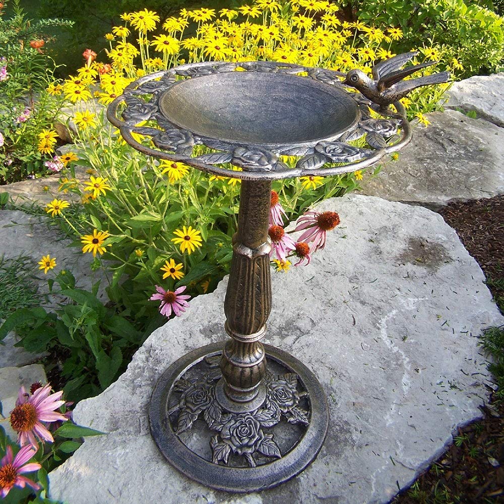 Premium Black & Brown Rose Bird Bath - Durable Aluminum & Iron Pedestal for Garden, Patio, and Outdoor Decor - Attracts Birds & Enhances Landscape Beauty