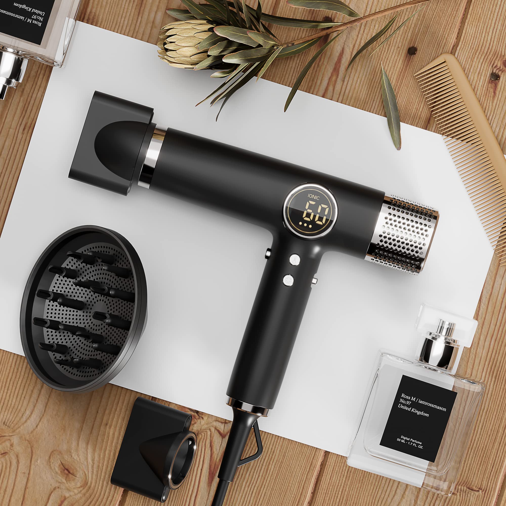 Fezax Professional Hair Dryer with Negative Ion Technology - 110,000 RPM Brushless Motor, Fast Drying & Ultra Quiet - Includes Magnetic Nozzle & Diffuser - Perfect for Home, Travel, Salon & Styling (Black)