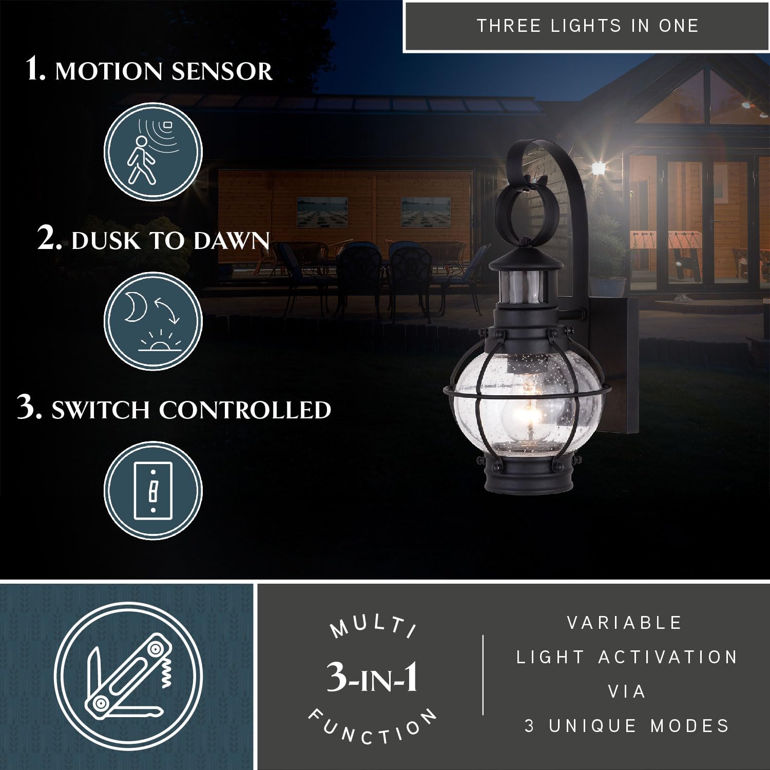 VAXCEL Chatham Black Coastal Motion Sensor Outdoor Wall Light with Clear Glass - Dusk to Dawn Security Lighting for Porch, Garage & Entryway