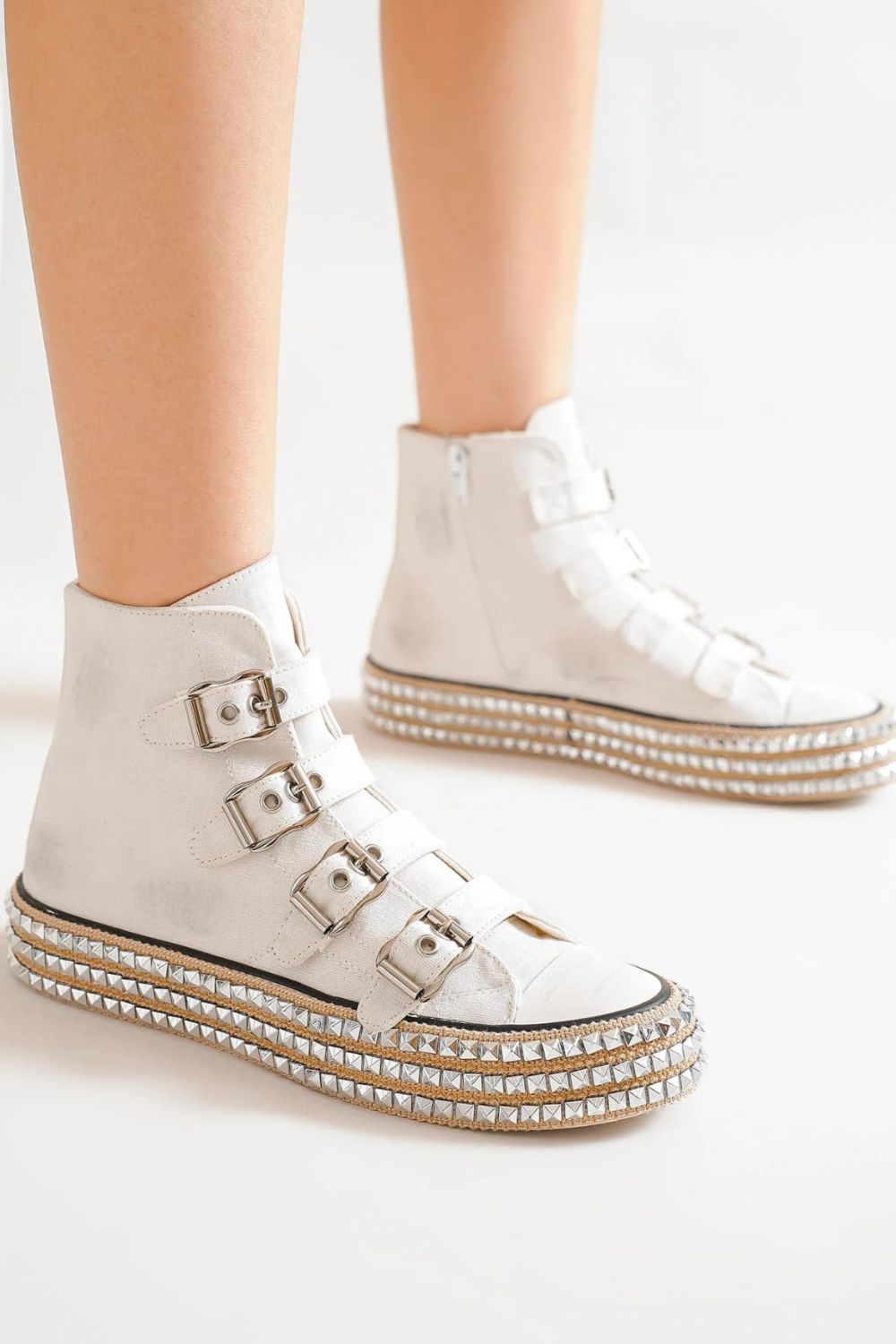 Beast Fashion Multi Buckle Straps Studded Platform Sneakers for Women - Chunky Gothic Punk Combat Shoes for Streetwear & Night Out