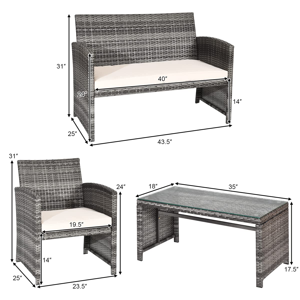 HAPPYGRILL 4-Piece Outdoor Rattan Patio Furniture Set with PE Wicker Coffee Table, Sofa Chairs & Soft Cushions - Perfect for Garden, Poolside, Porch, Backyard Relaxation & Entertaining