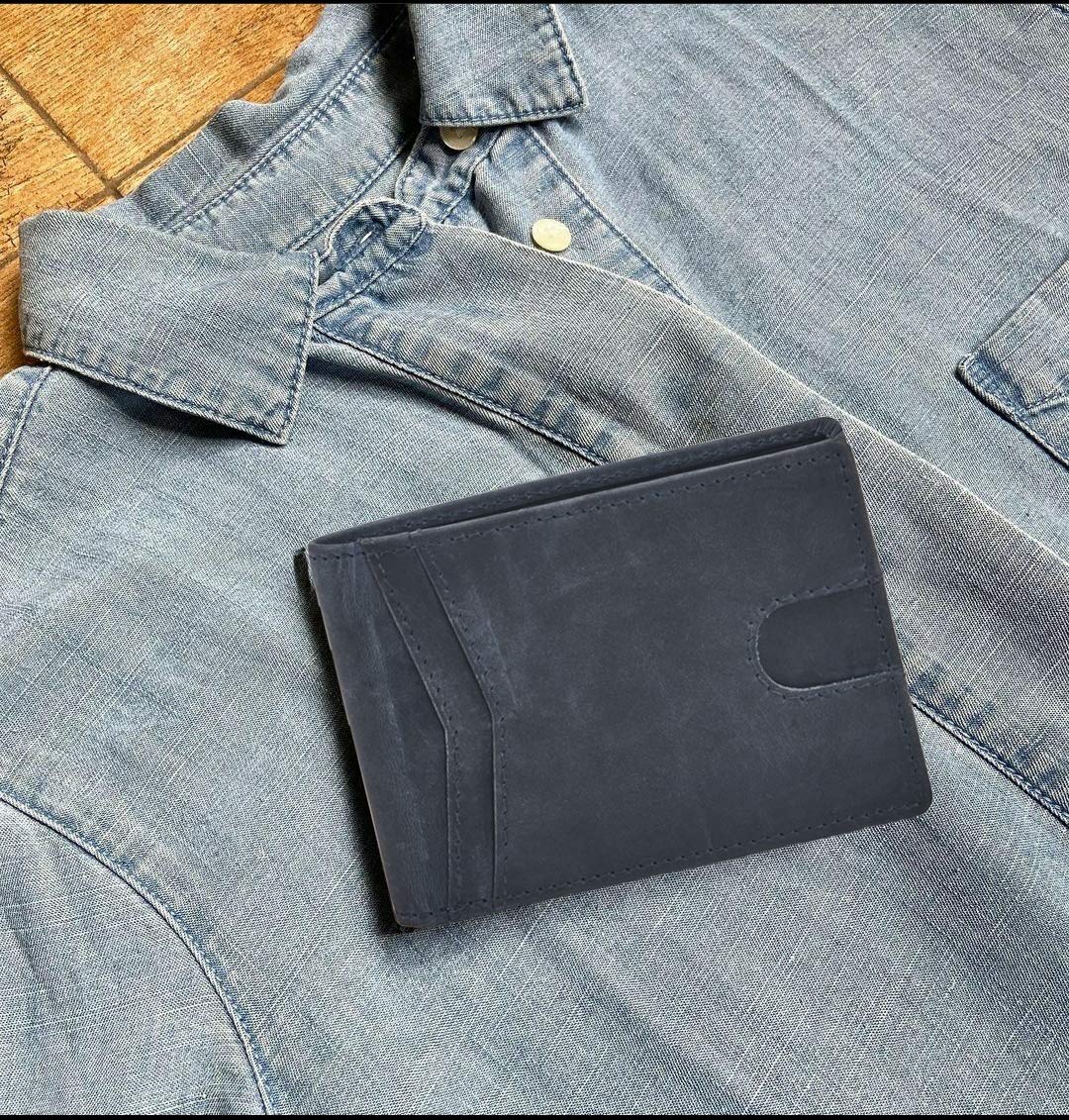 Men's Genuine Leather Bifold Wallet - Slim RFID Blocking Front Pocket Minimalist Design with ID Window | Gift Box Included (Crazy Horse, Navy) | Perfect for Everyday Carry, Travel & Business Use