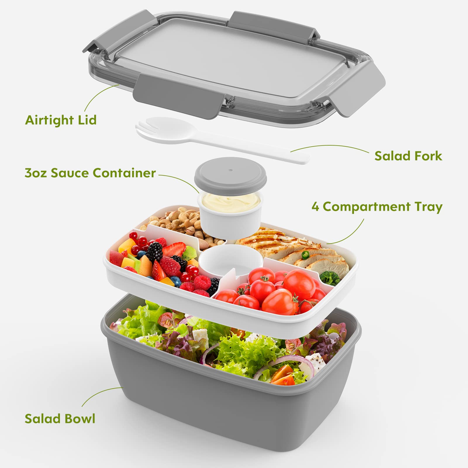 Cherrysea 2-Pack 68oz BPA-Free Leak Proof Salad Lunch Box with 4 Compartments & Sauce Container - Includes Fork for Men & Women | Perfect for Office Lunch, Meal Prep, Picnics & Healthy Eating On-The-Go (Grey)
