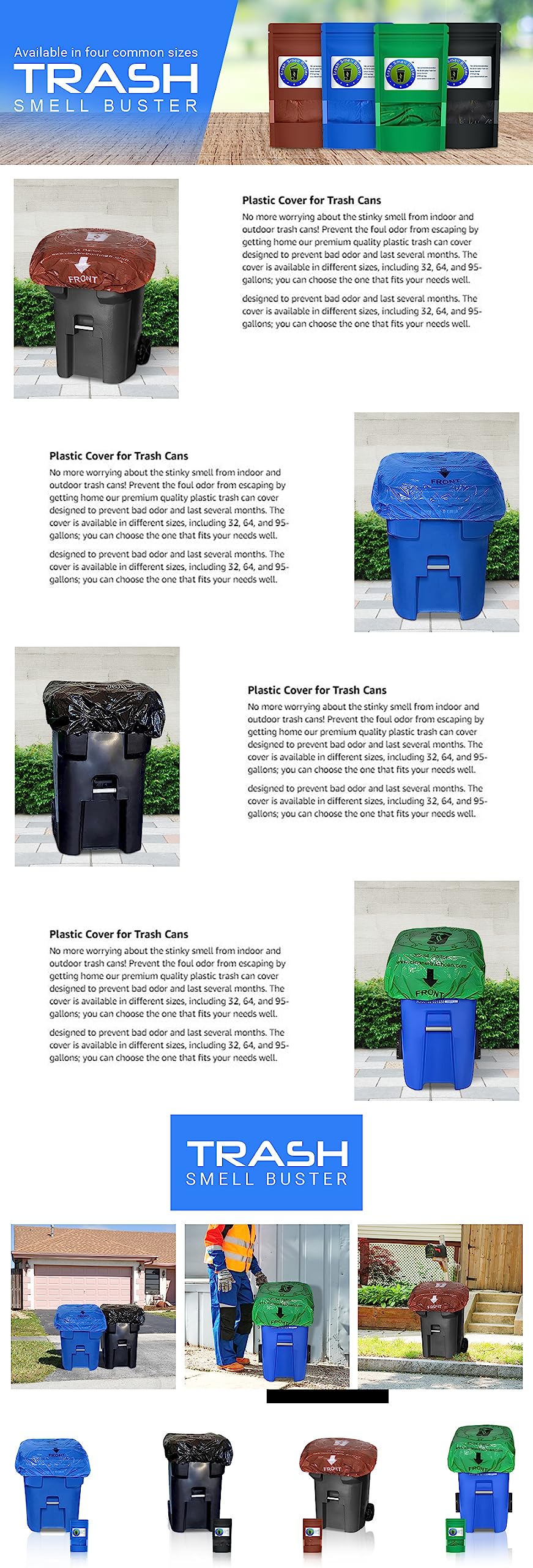 64 Gallon Odor Eliminating Trash Can Cover with Elastic Rubber Band - Durable & Effective Garbage Bag for Kitchen, Bathroom, Outdoor Use