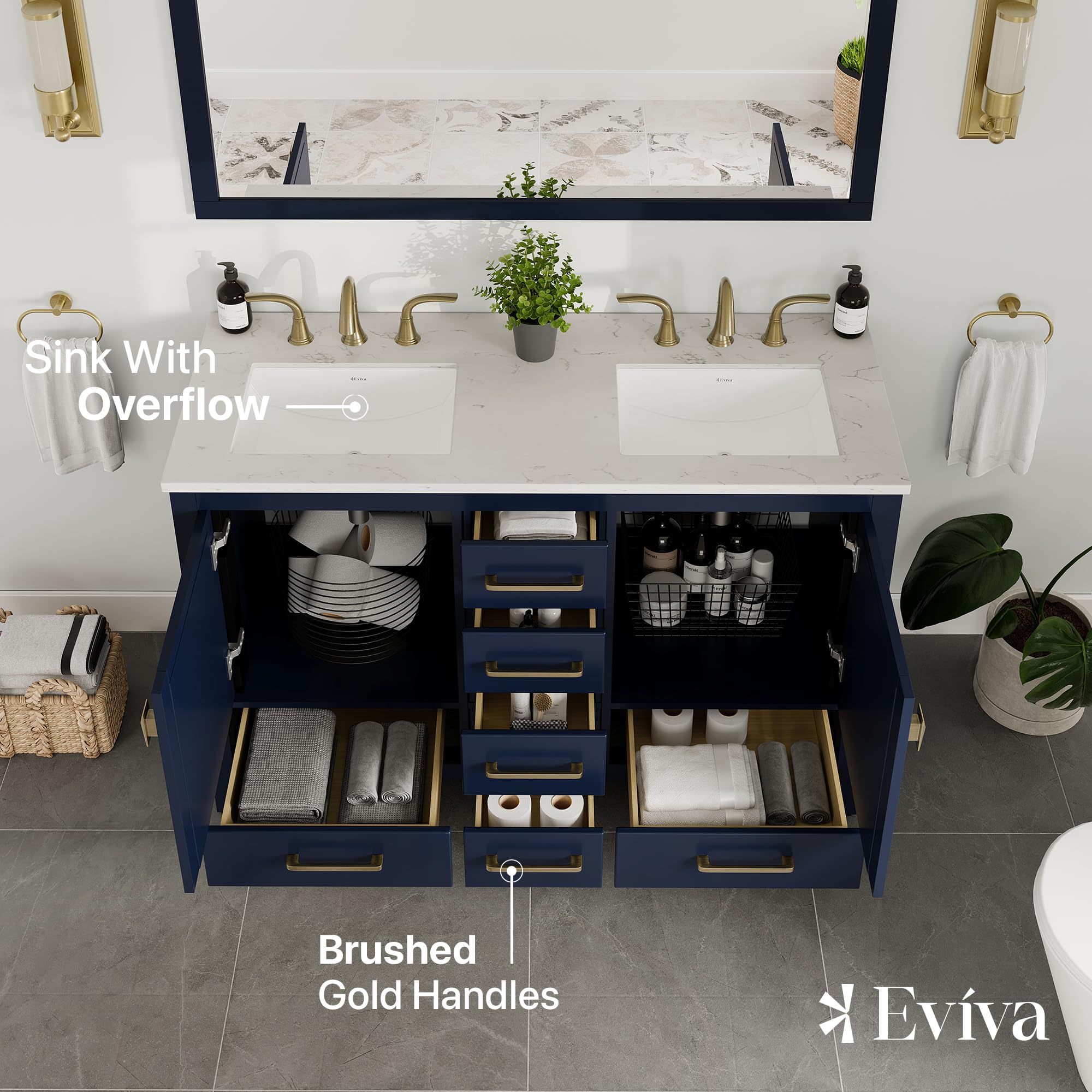 48 Inch Blue Bathroom Vanity with Carrara Quartz Top & Double Sink - Freestanding Vanity Cabinet with Spacious Storage & Wood Countertop - Perfect for Master Bathroom, Guest Bath or Powder Room Remodel