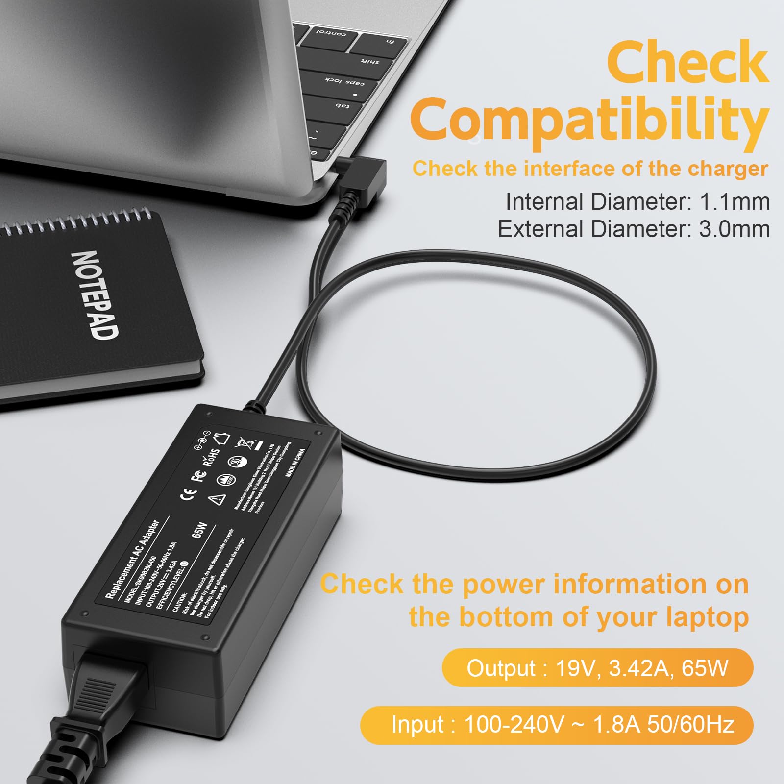 65W AC Adapter for Acer Chromebook 15 14 13 11 R11 N15Q8 N15Q9 N15Q10 CB3 CB5 C720 C720p C738T C731 C740 & Acer Aspire 5 3 1 Swift Spin 1 3 5 - Replacement Laptop Charger Power Cord - Perfect for Home Office Travel Use