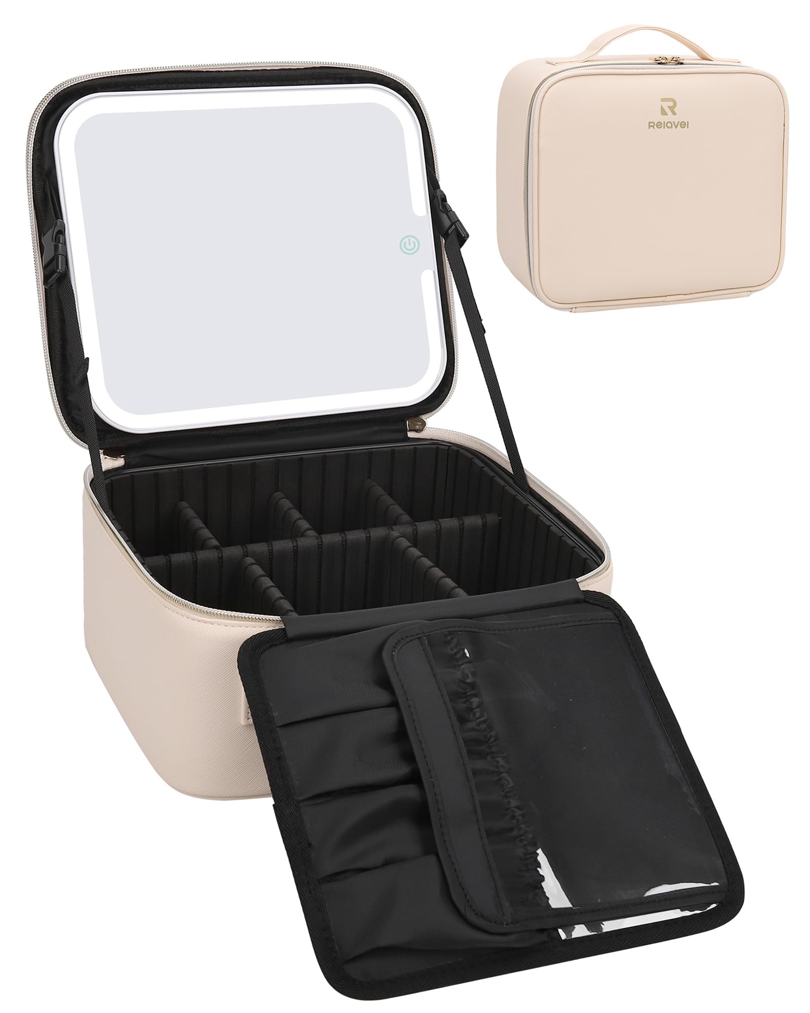 Relavel LED Makeup Bag with Lighted Mirror - Rechargeable Travel Cosmetic Organizer Case with 3-Color Lighting, Brush Storage & Protective Frame (Beige) | Perfect for Travel, Home Vanity & Gift Giving