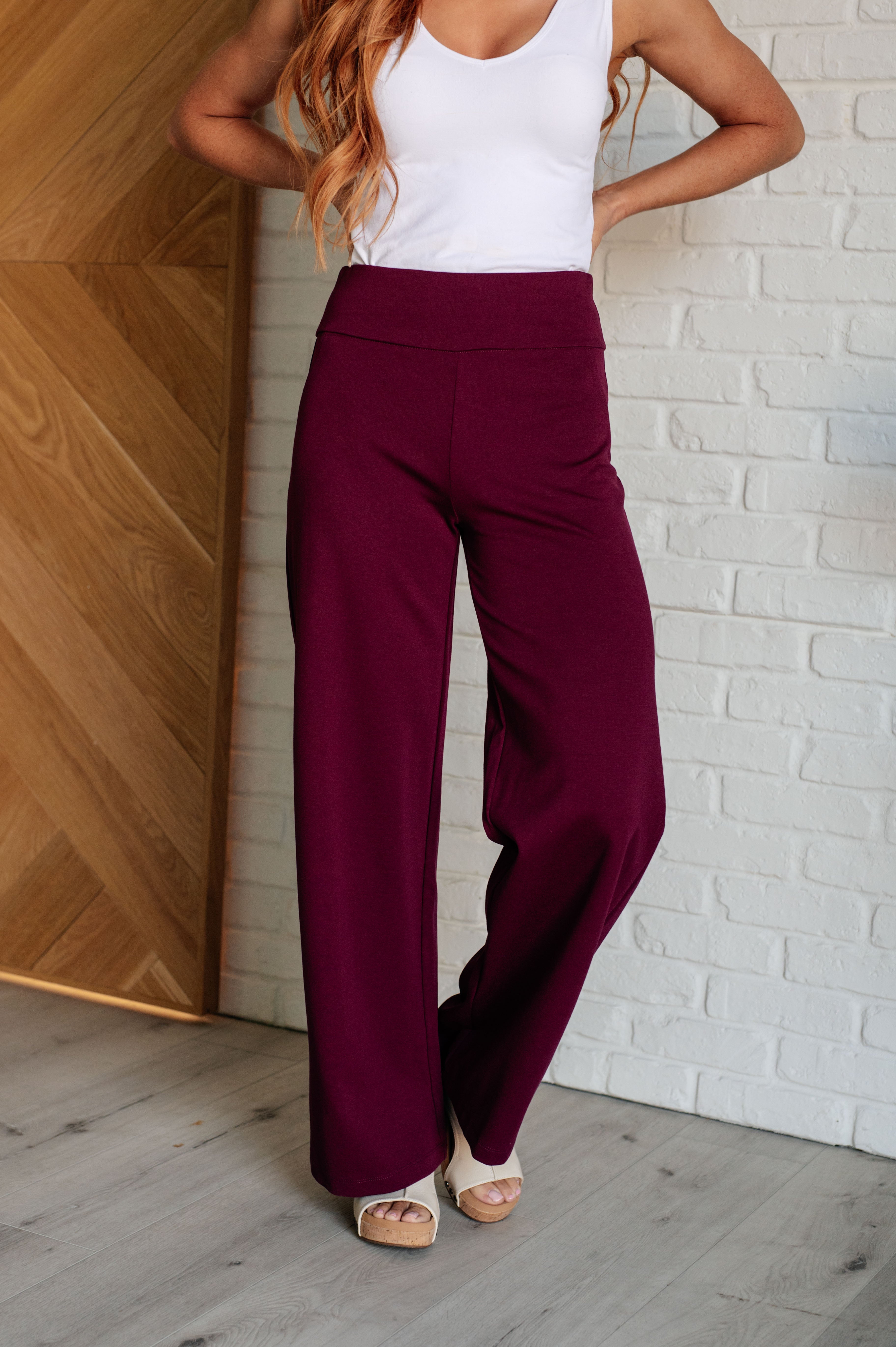 Magic Wide Leg Pants for Women - Comfortable High Waisted Palazzo Trousers in Wine Red | Perfect for Work, Travel & Casual Outfits