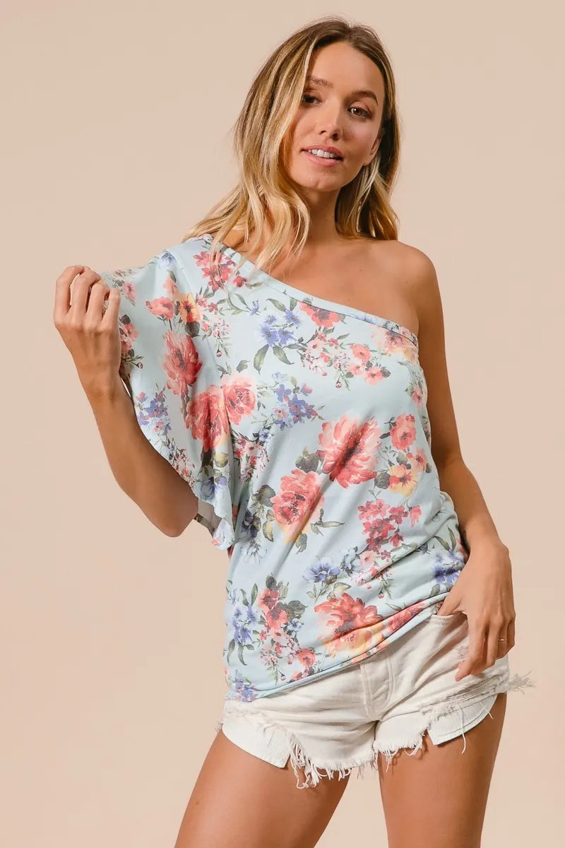 BiBi Floral Printed Jersey Knit Ruffle Sleeve Top - Women's Casual Blouse for Spring/Summer, Perfect for Date Nights & Office Wear