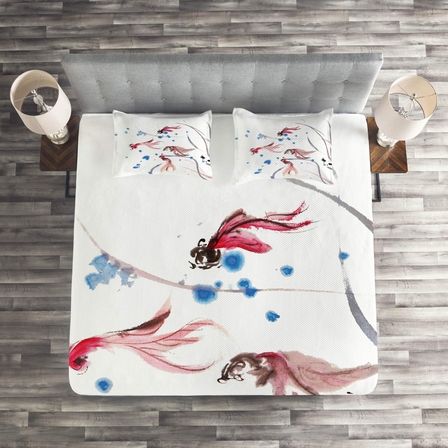 Ambesonne Ethnic Coverlet Set - Chinese Traditional Ink Painting Koi Fish Design, 3-Piece Quilted Bedspread with 2 Pillow Shams, King Size, Red & Blue - Perfect for Asian-Themed Bedrooms, Zen Decor, or Cultural Home Styling