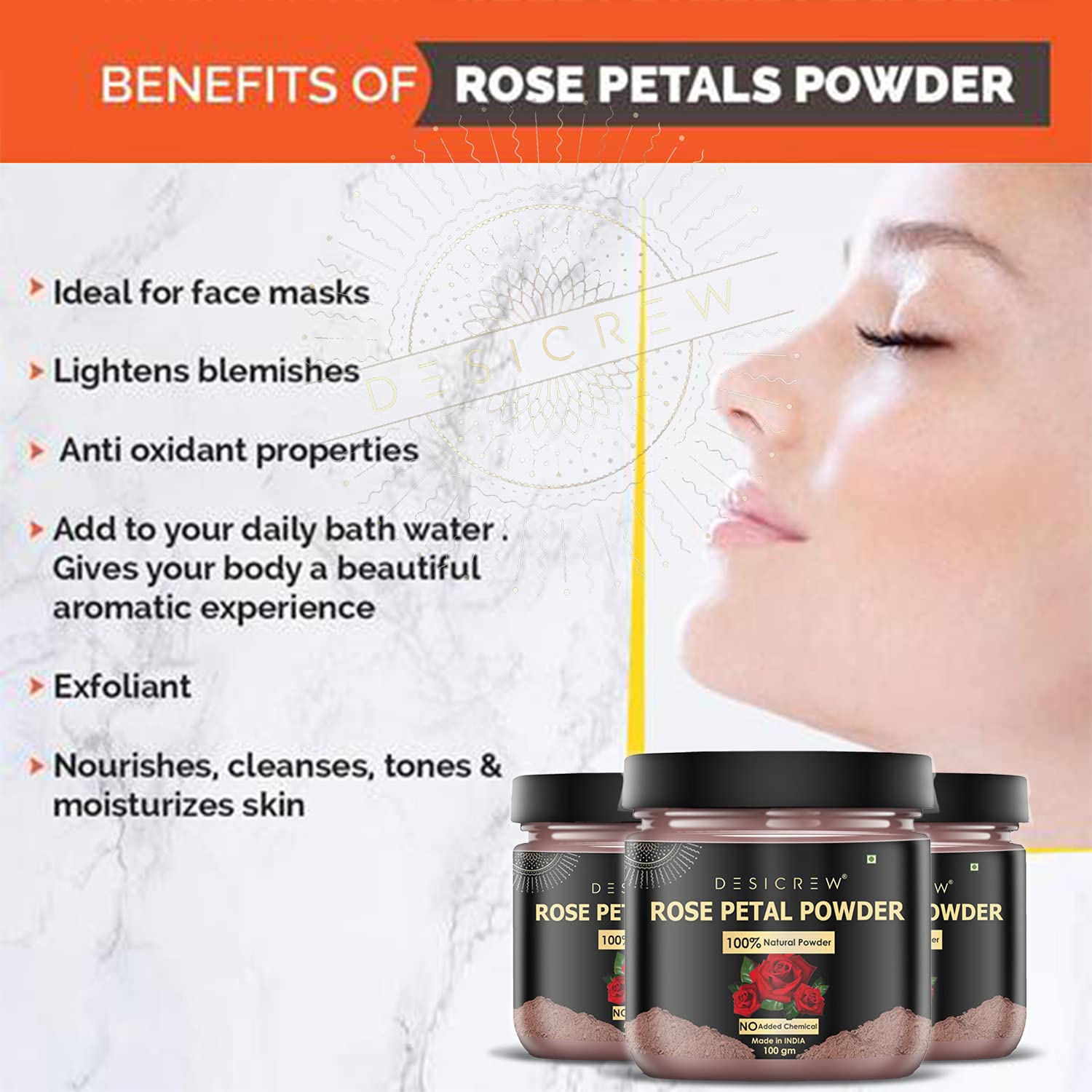 Desi Crew Natural & Pure Rose Petals Powder - 100g Face Pack for Pinkish, Soft, Pimple-Free & Glowing Skin | Deep Cleansing Facial Mask | Perfect for Daily Skincare, Spa Treatments & DIY Beauty Routines
