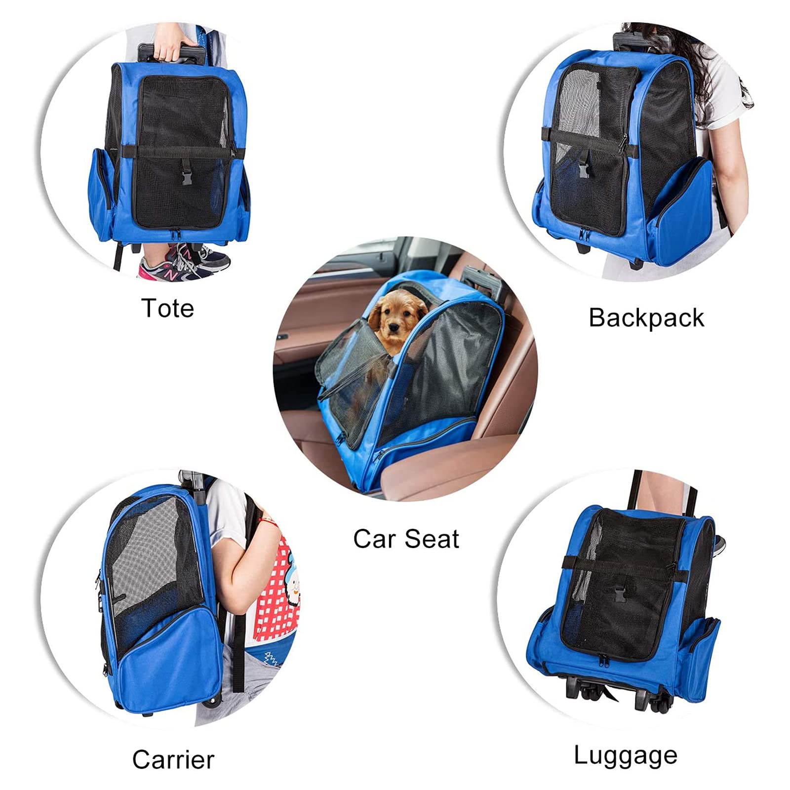 Portable Pet Travel Carrier Backpack with Wheels - Lightweight Soft-Sided Rolling Pet Stroller for Dogs & Cats - Perfect for Air Travel, Road Trips & Outdoor Adventures