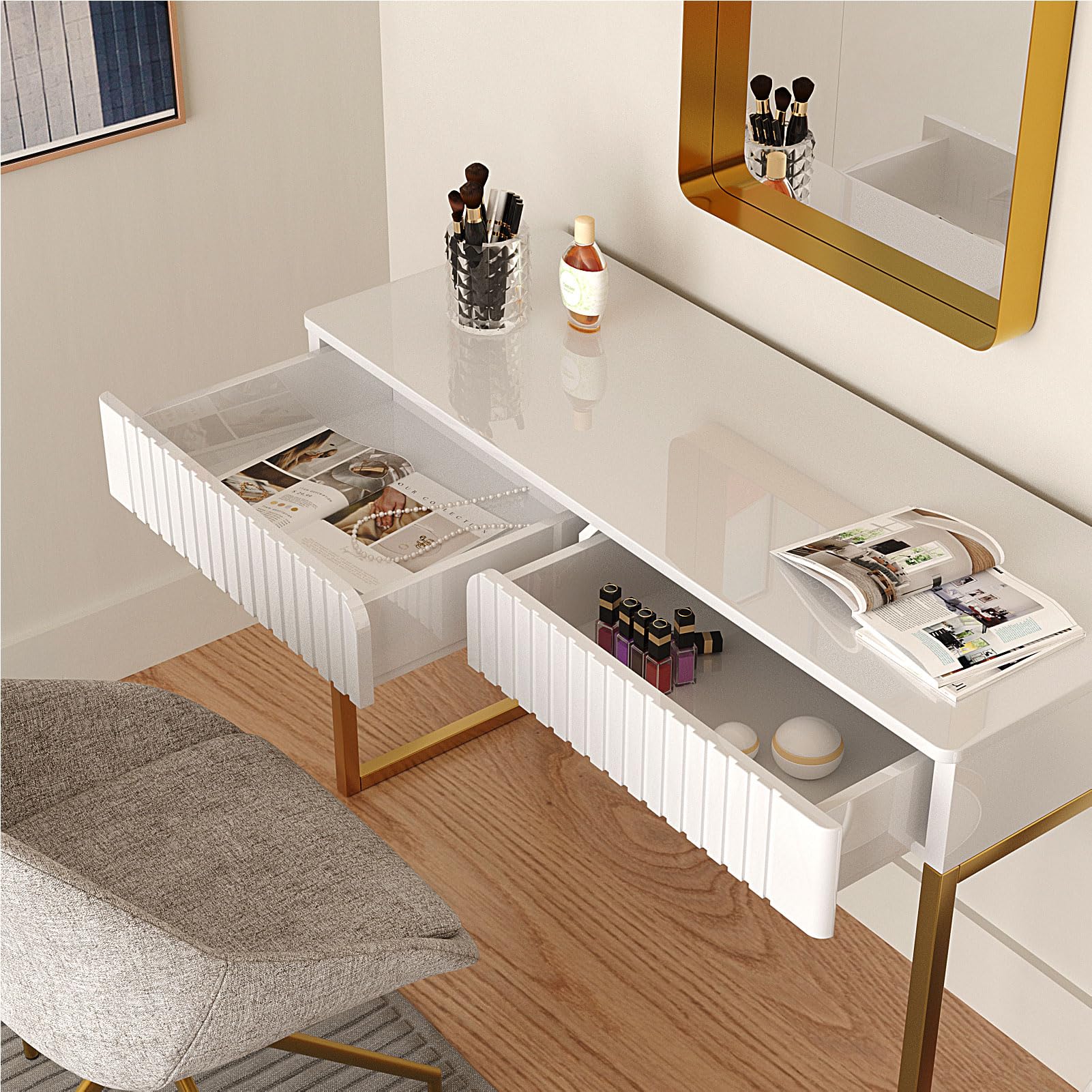 Modern Gold Legs Writing Desk with 2 Drawers - 43.3x15.75 Inch Home Office Desk for Computer Work, Makeup Vanity, Study or Entryway Sofa Table - Perfect for Small Spaces & Contemporary Decor