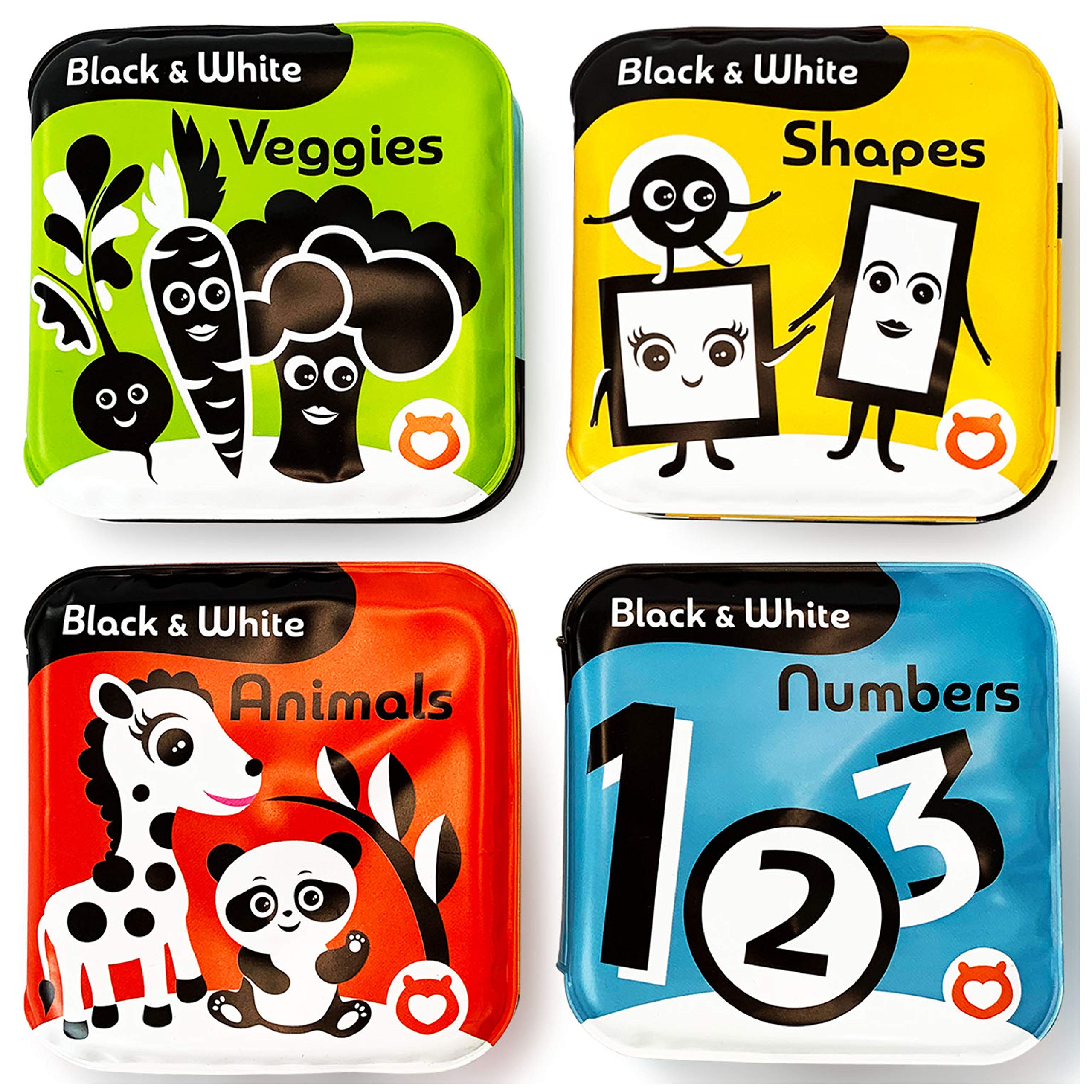 BabyBibi Waterproof Bath Books Set of 4 - Black & White High Contrast Books for Babies 3+ Months - Squeaky Sensory Toys for Early Development & Learning - ASTM Certified Safe - Perfect for Bathtime, Tummy Time & Playtime