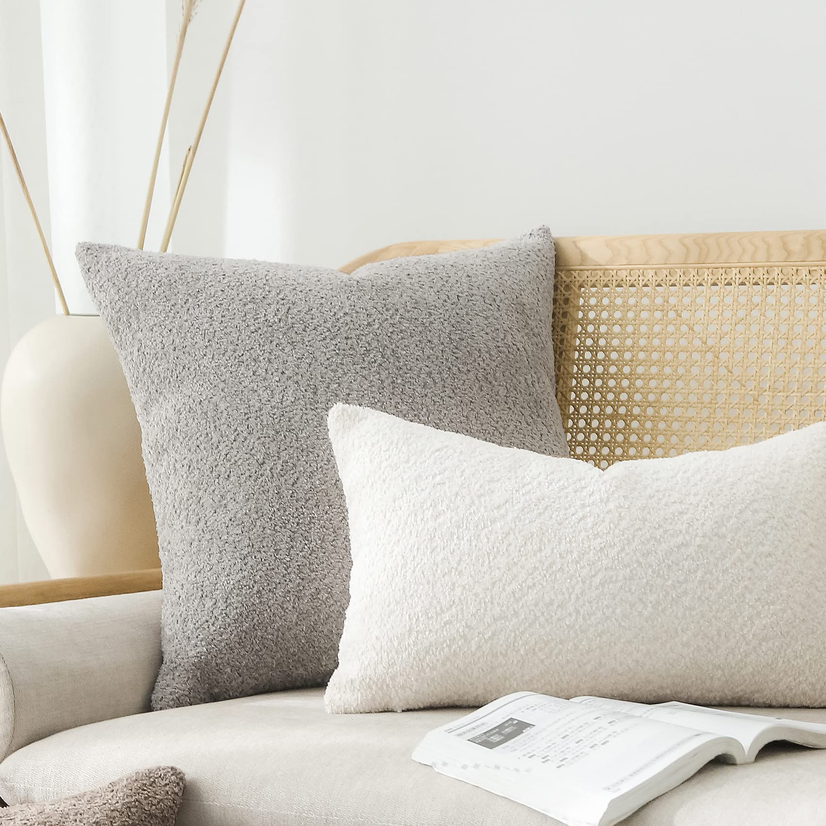 Farmhouse Textured Throw Pillow Covers 18x18 - Rustic Decorative Pillows for Bed, Couch & Living Room - Neutral Accent Cushion Cases Set of 2 in Warm Grey - Perfect for Cozy Home Decor and Farmhouse Style Interiors