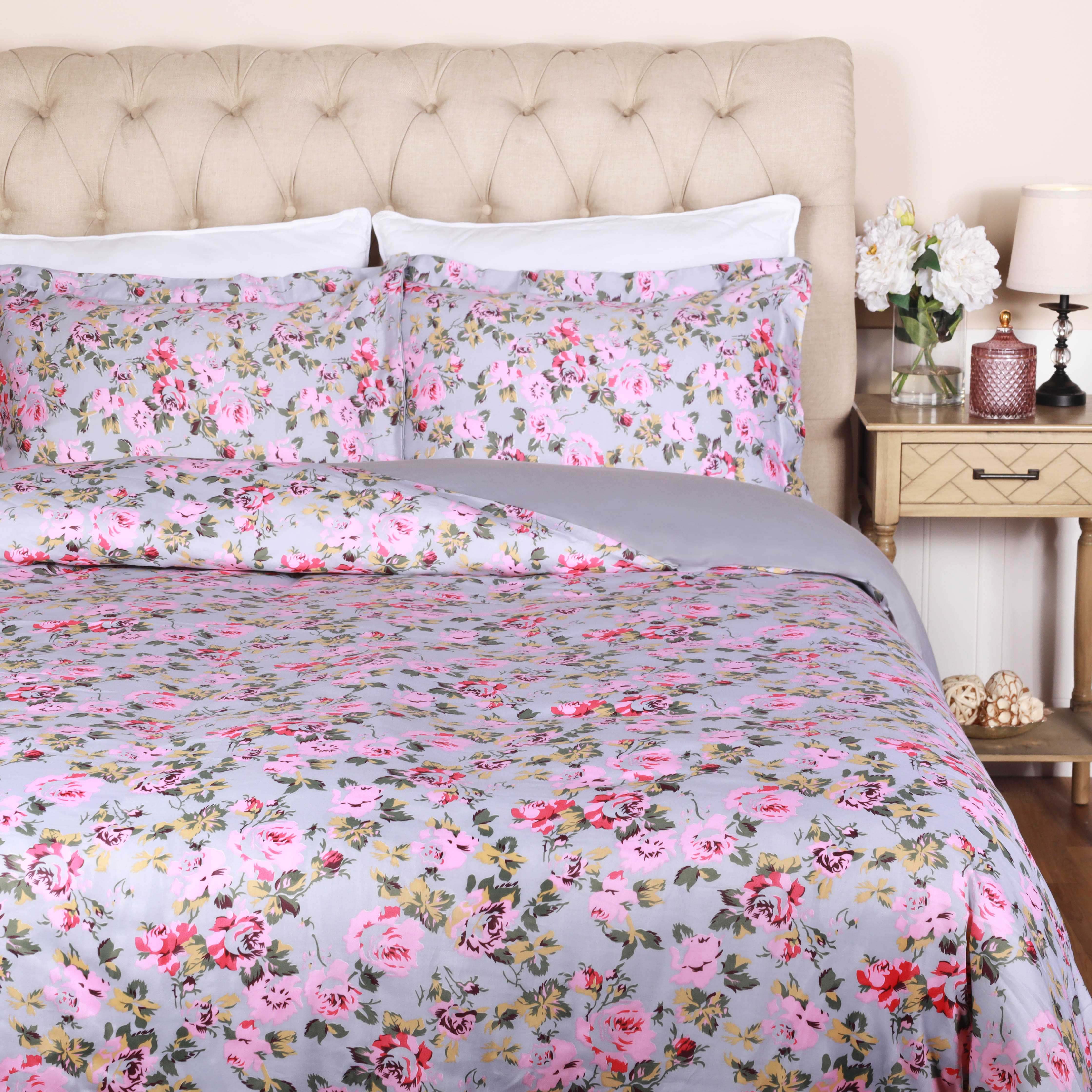 300 Thread Count Solid & Floral Cotton Duvet Cover Set - All Season Soft Bedding for Master Bedroom, Guest Room & Vacation Homes