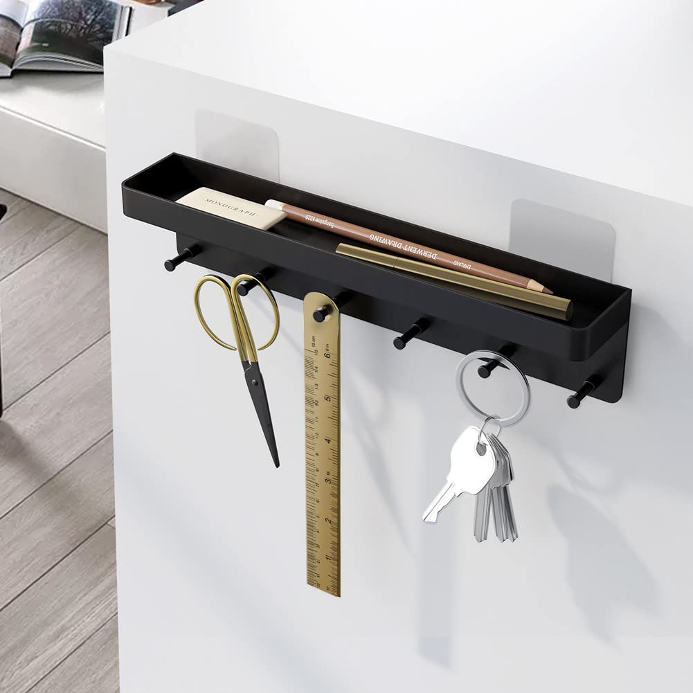 6-Hook Wall Mount Key Holder with Mail Organizer - No Drill Adhesive Key Rack with Tray for Entryway, Hallway, Kitchen & Office - Perfect for Home Organization & Space Saving (Black)
