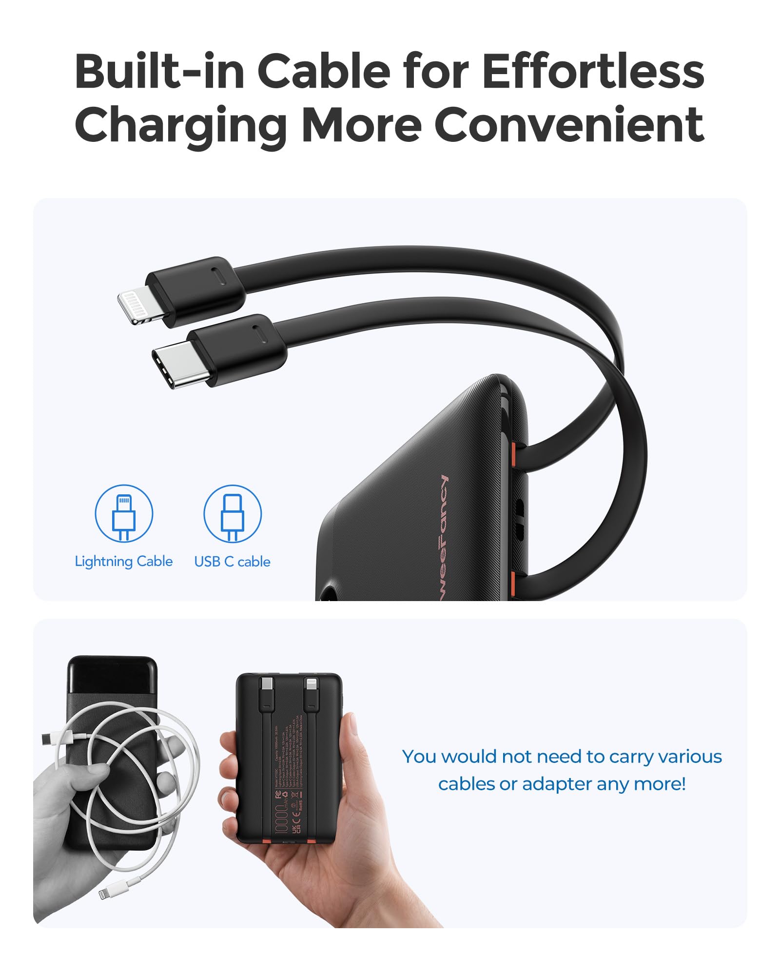 22.5W Fast Charging Mini Portable Power Bank 10000mAh - Slim Travel Battery Pack with Built-in USB-C & Lightning Cables - Compatible with iPhone 16/15/14, Samsung Galaxy S24/S23 & More - Perfect for Travel, Camping, and Emergency Charging