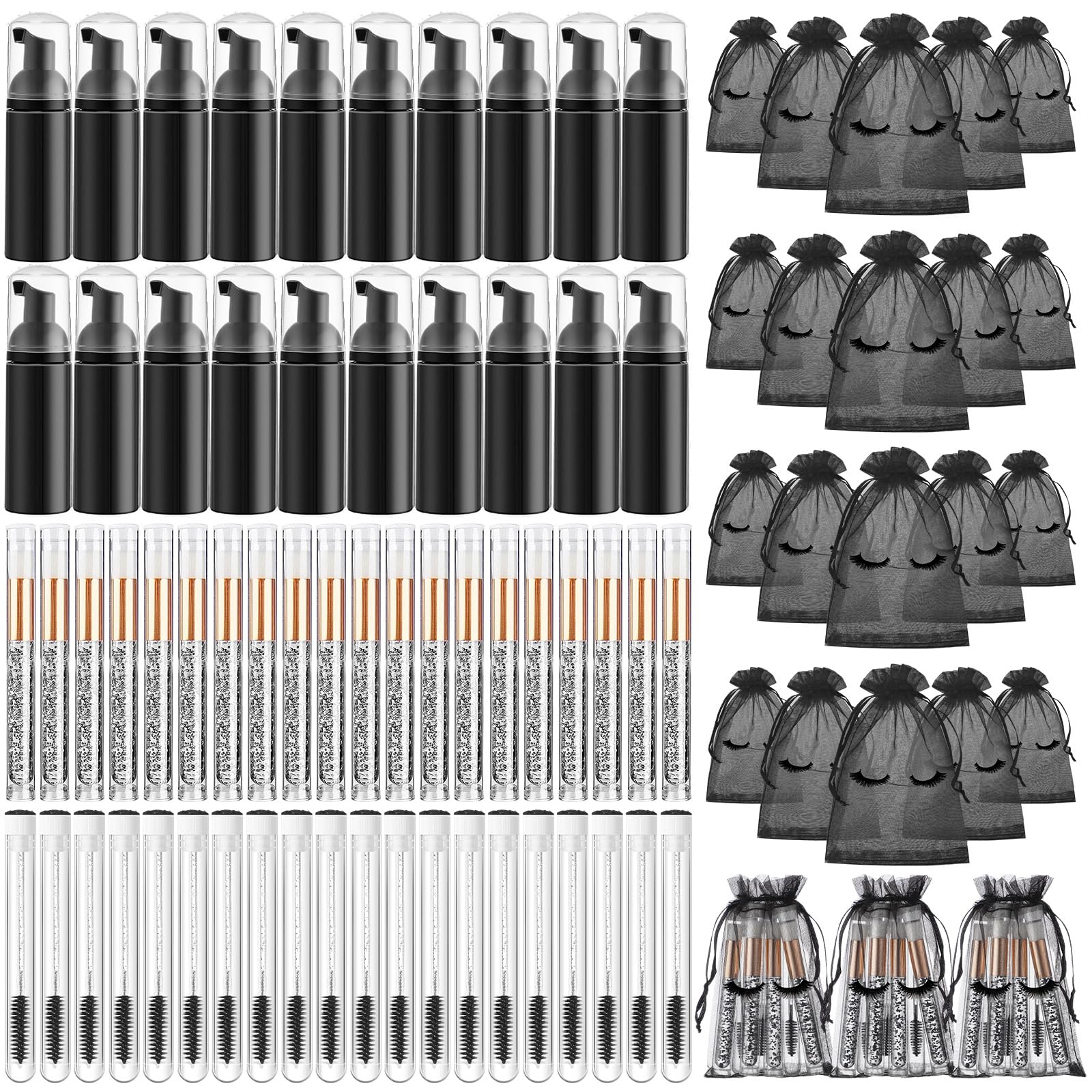 80 Pcs Eyelash Extension Cleaning Kit - 20 Foam Pump Dispensers, 20 Lash Shampoo Brushes, 20 Aftercare Bags, 20 Cleaning Pipes - Professional Lash Extension Supplies (Black) for Salon, Spa & Home Use
