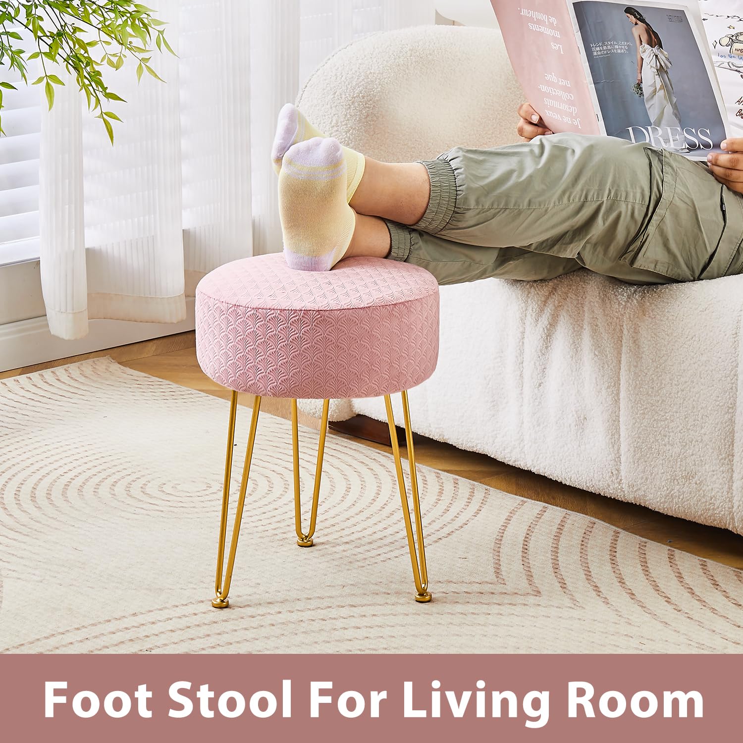 Velvet Ottoman Stool with Metal Legs - Pink Vanity Stool for Living Room & Bedroom