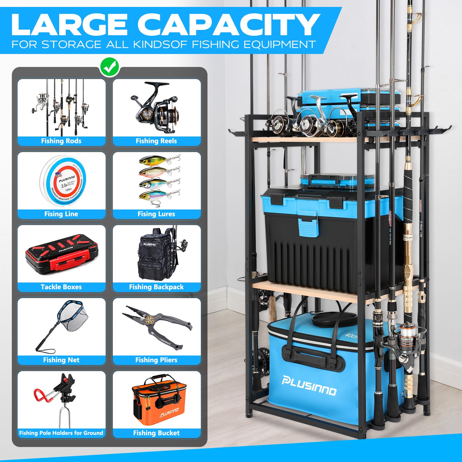 PLUSINNO 3-Tier Fishing Rod Holder - Garage & Boat Storage Rack for Up to 8 Rods - Durable Fishing Pole Organizer with Tackle Box Space - Perfect Fishing Gift for Men - Ideal for Home, Garage, and Marine Use