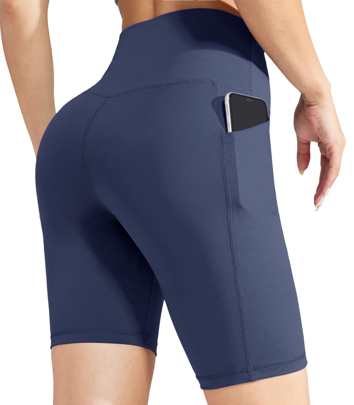 MIER Women's High Waist Yoga Shorts - 8 Inch Compression Biker Shorts with Side Pockets & Tummy Control for Workout, Running, Gym & Lounge Wear