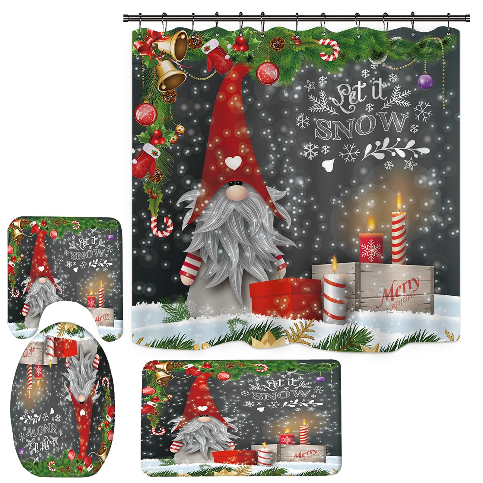 Vintage Christmas Gnome Shower Curtain Set - Holiday Bathroom Decor with Snowflake Shower Curtain, Bath Mat & Toilet Cover - Perfect for Xmas Bathroom Makeover, Festive Home Decor & Holiday Gift