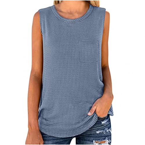 YZHM Women's Summer Waffle Tank Tops - Sleeveless Casual Solid Comfortable Soft T-Shirts with Pockets | Crewneck Tunic Blouse for Beach, Travel & Everyday Wear