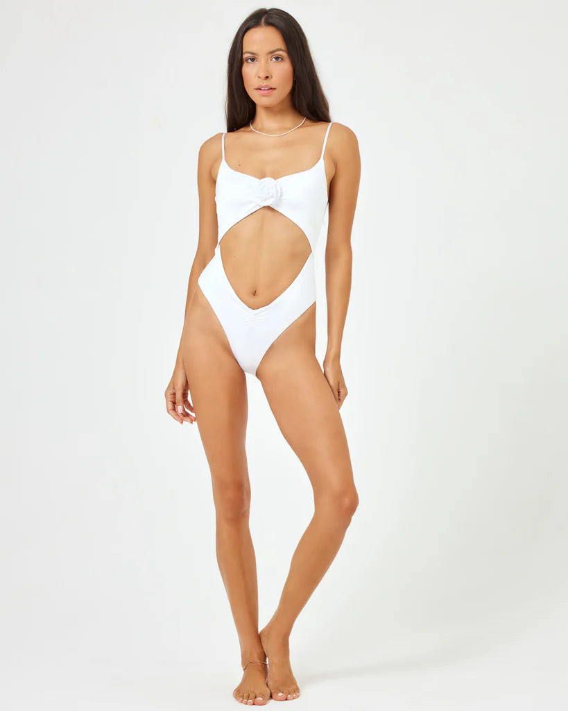 L*Space Women's Sierra One Piece Swimsuit - White Satin Shine | High Waist Retro Bathing Suit for Women | Perfect for Beach, Pool & Vacation