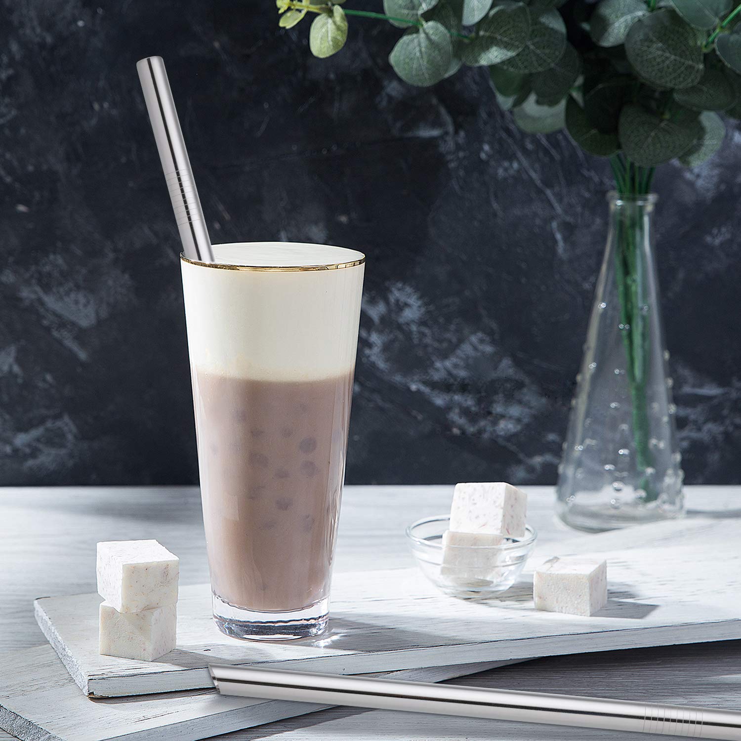 2 Pack Wide Stainless Steel Boba Straws for Bubble Tea & Smoothies | Reusable Angled Tips
