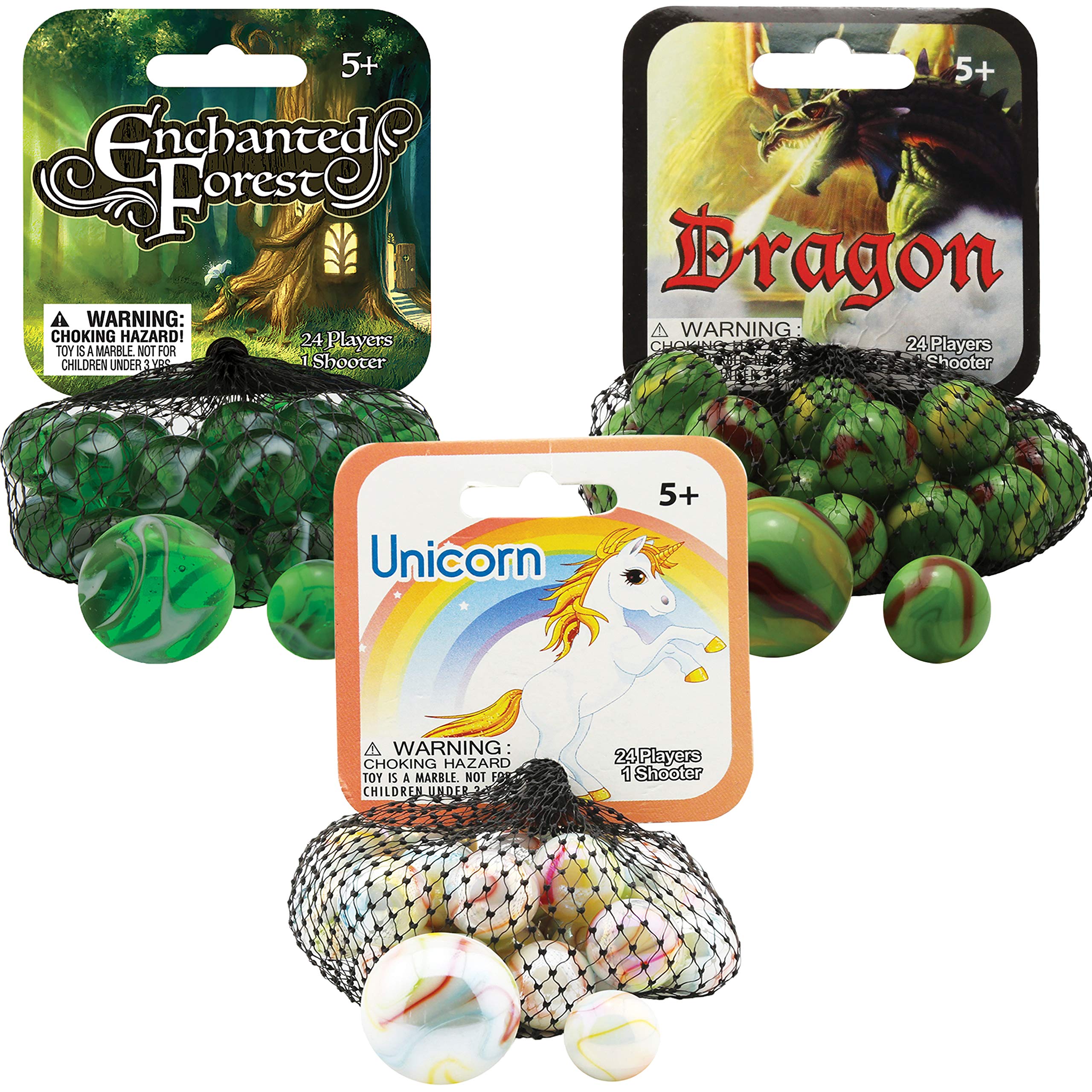 Mega Marbles 3 Pack - Enchanted Forest, Dragon & Unicorn Game Nets with 1 Shooter Marble & 24 Player Marbles Each | Fun Outdoor & Indoor Marble Games for Kids, Family Game Night & Party Activities