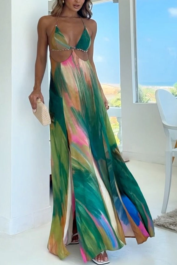 Stylish Andie Splash Ink Printed Cutout Back Tie-Up Slit Maxi Dress - Perfect for Beach Vacations, Summer Getaways & Boho Fashion