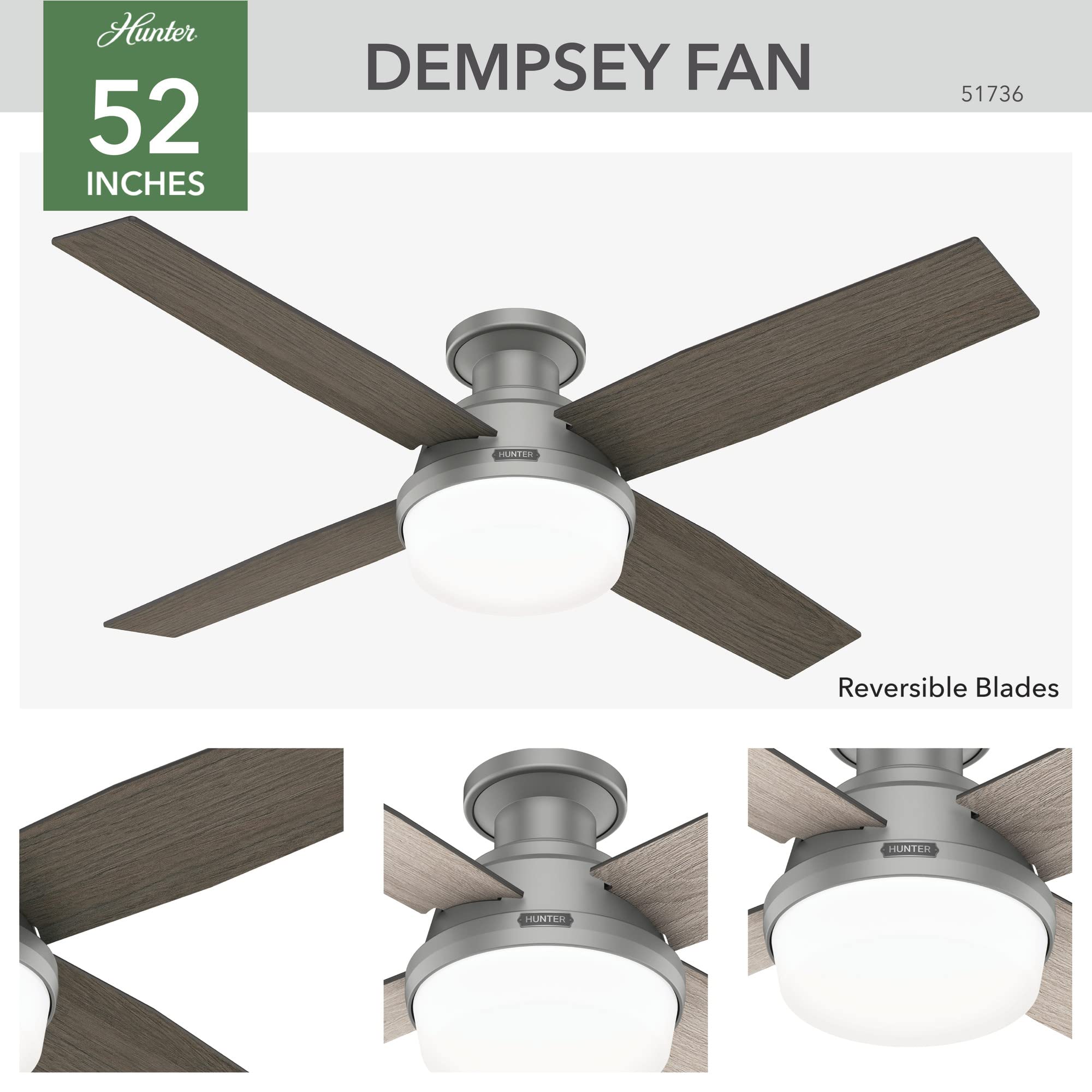 Hunter Fan Company 51736 Dempsey 52-Inch Indoor/Outdoor Ceiling Fan with LED Light Kit, Brushed Nickel Finish - Perfect for Living Room, Bedroom, Patio & Covered Porch