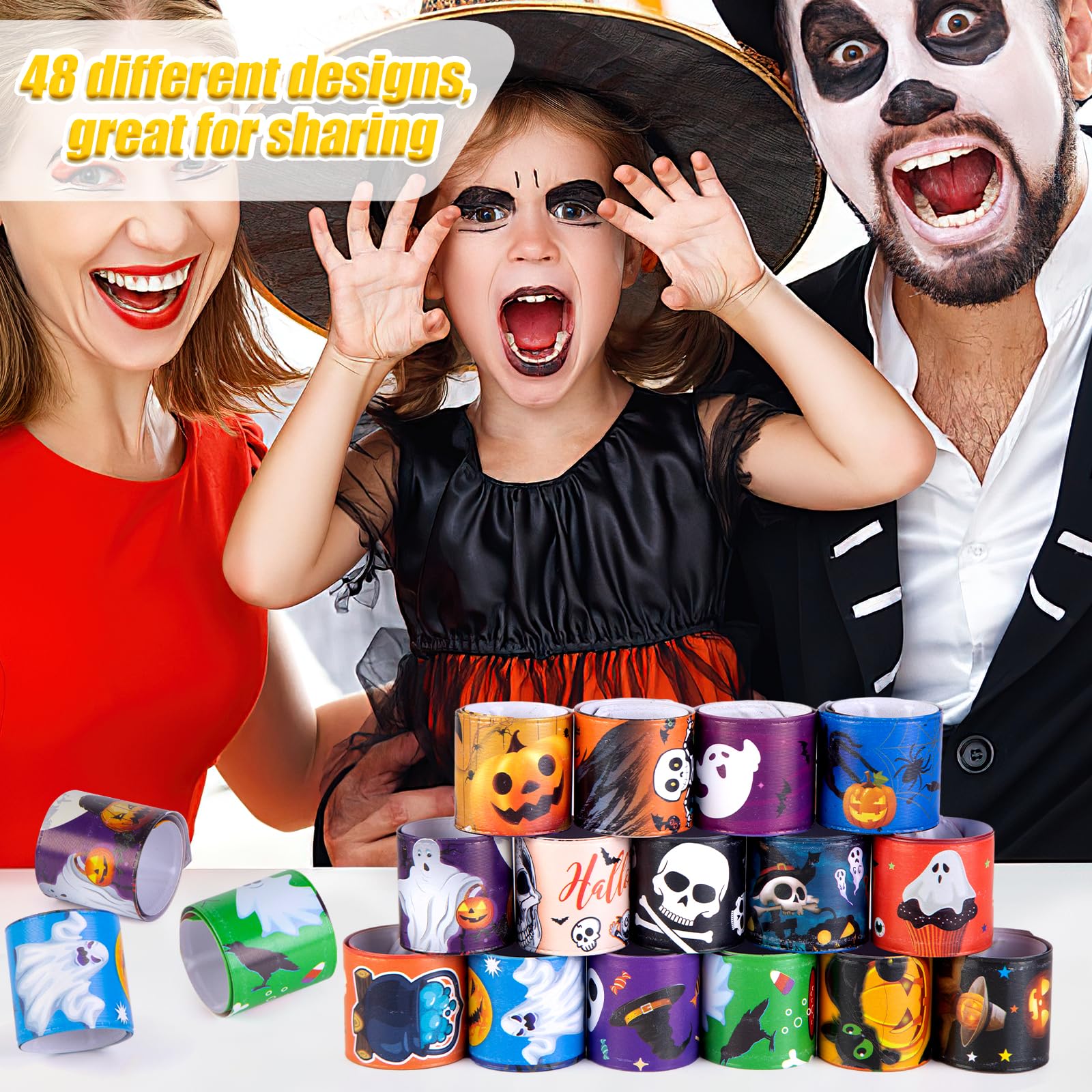 96PCS Halloween Slap Bracelets for Kids - Bulk Party Favors, Trick or Treat Goodie Bag Stuffers, Fun Halloween Wristbands for Classroom Prizes & Costume Accessories
