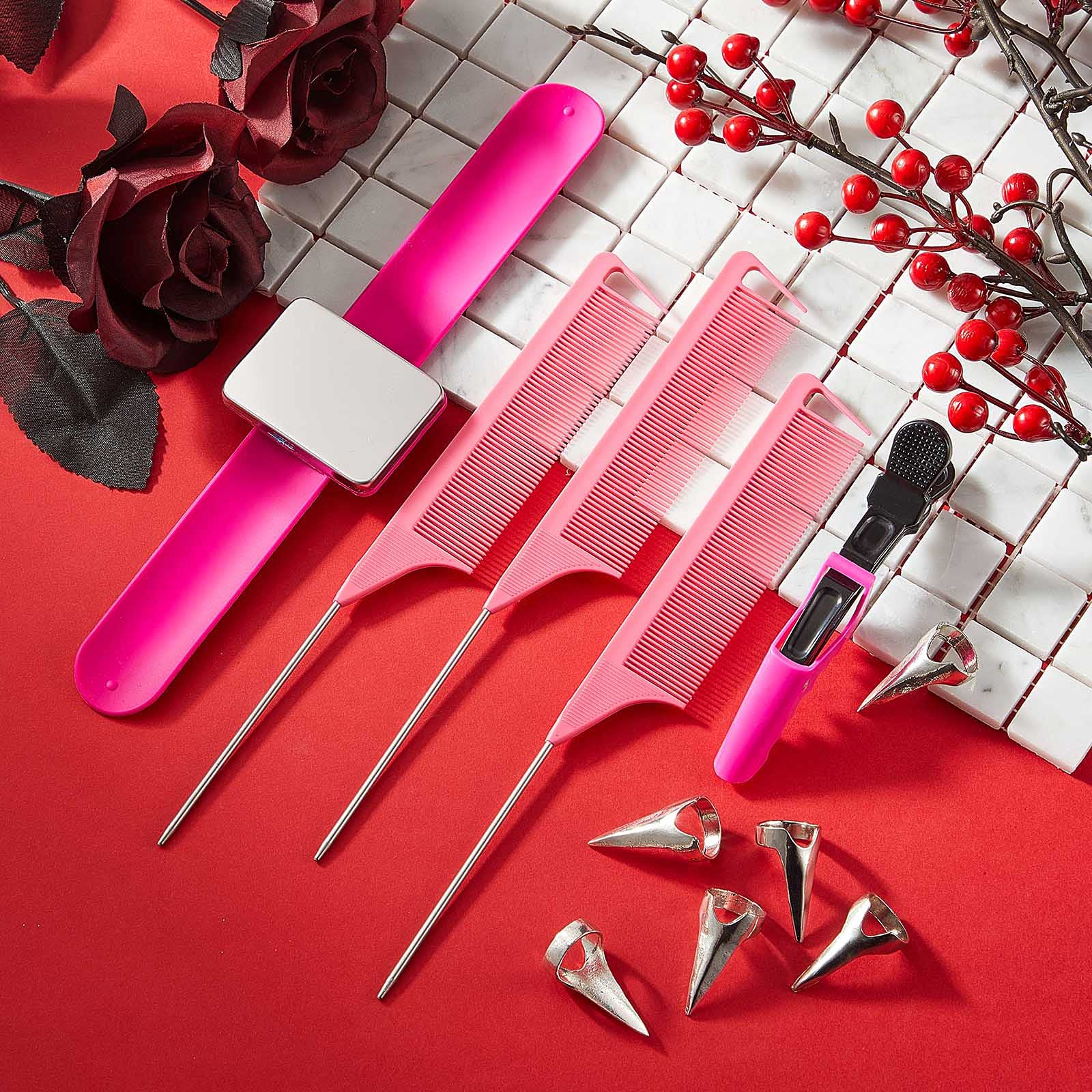 8-Piece Hair Styling Kit with 6 Sectioning Clips, 2 Rat Tail Combs & Magnetic Wristband - Rose Red | Professional Hairdressing Tools for Braiding, Styling & Salon Use