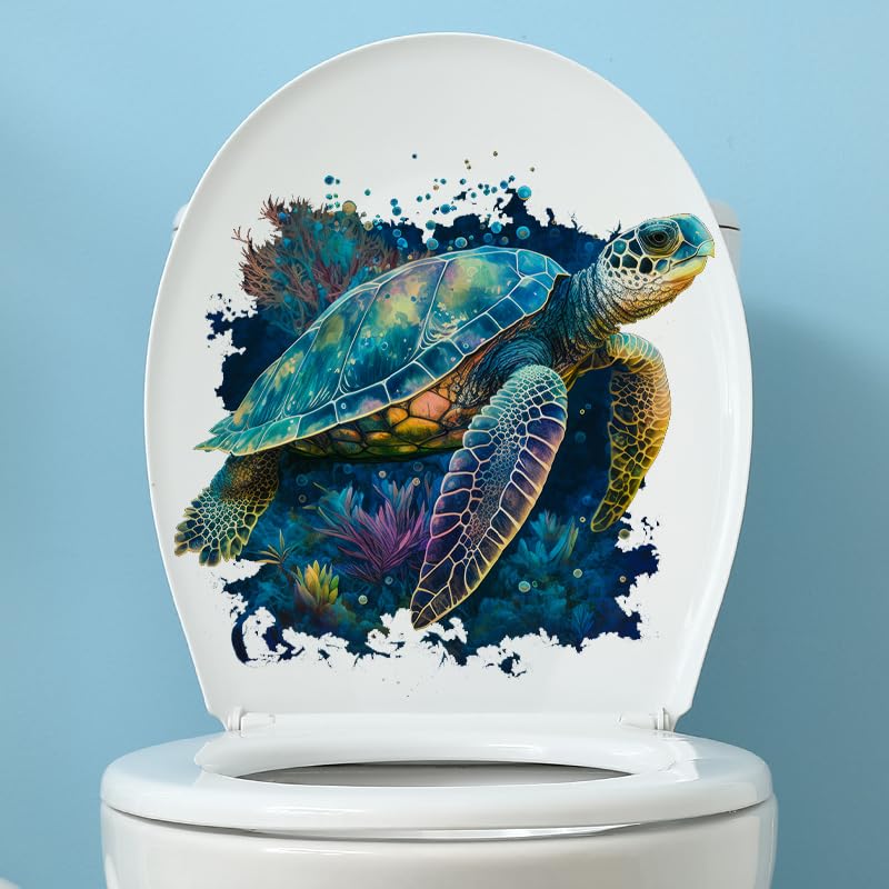 Colorful Turtle Toilet Cover Sticker Decals - Waterproof Self-Adhesive Bathroom Decor with Fish, Bird, Flower & Leaf Designs - Perfect for Bathroom Wall, Toilet Lid, Tank & Cistern Decoration - Adds Fun & Style to Your Bathroom Makeover