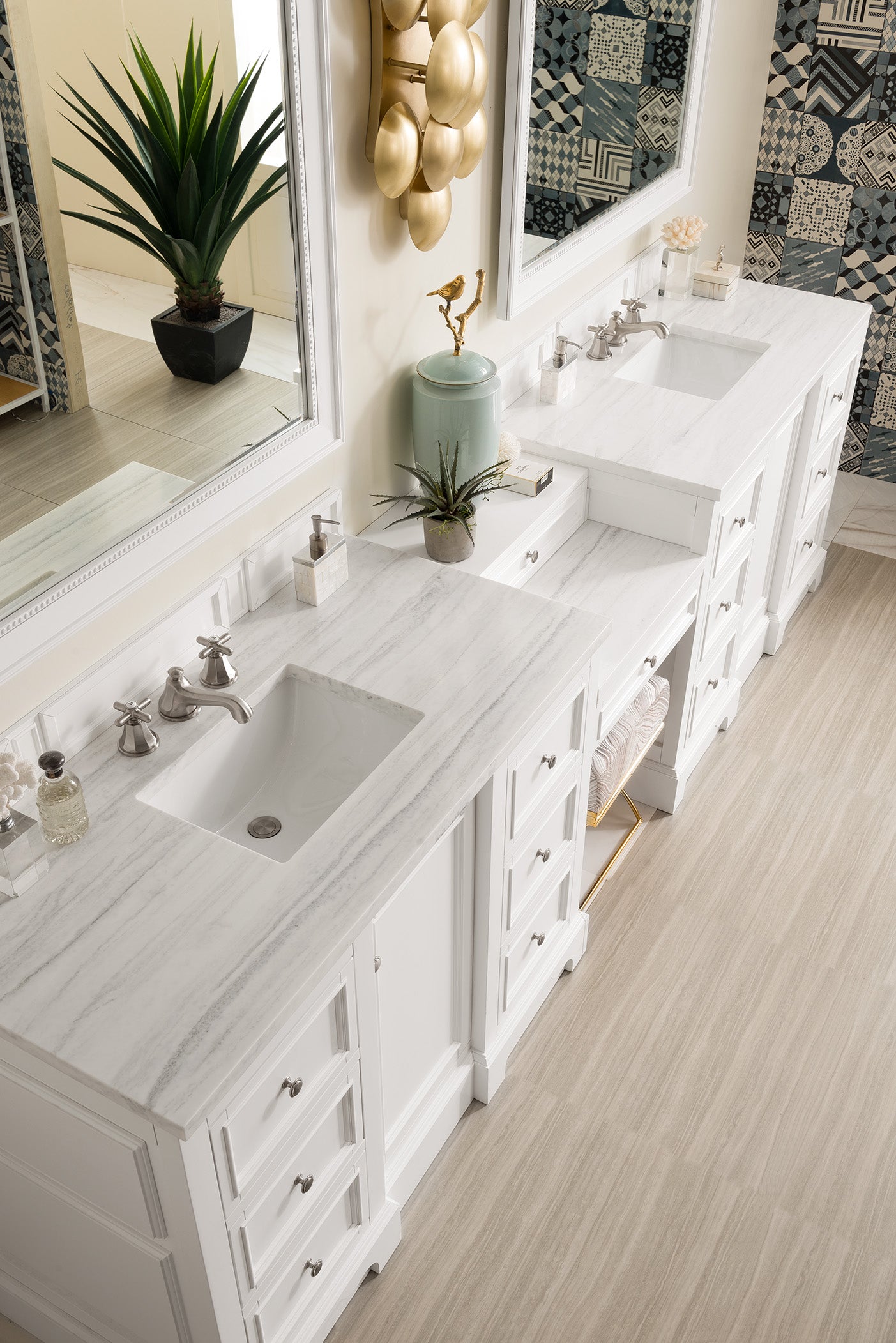De Soto 118 Double Vanity Set with Makeup Table - Bright White Finish & 3CM Arctic Fall Solid Surface Top - Perfect for Master Bathroom & Dressing Room Organization
