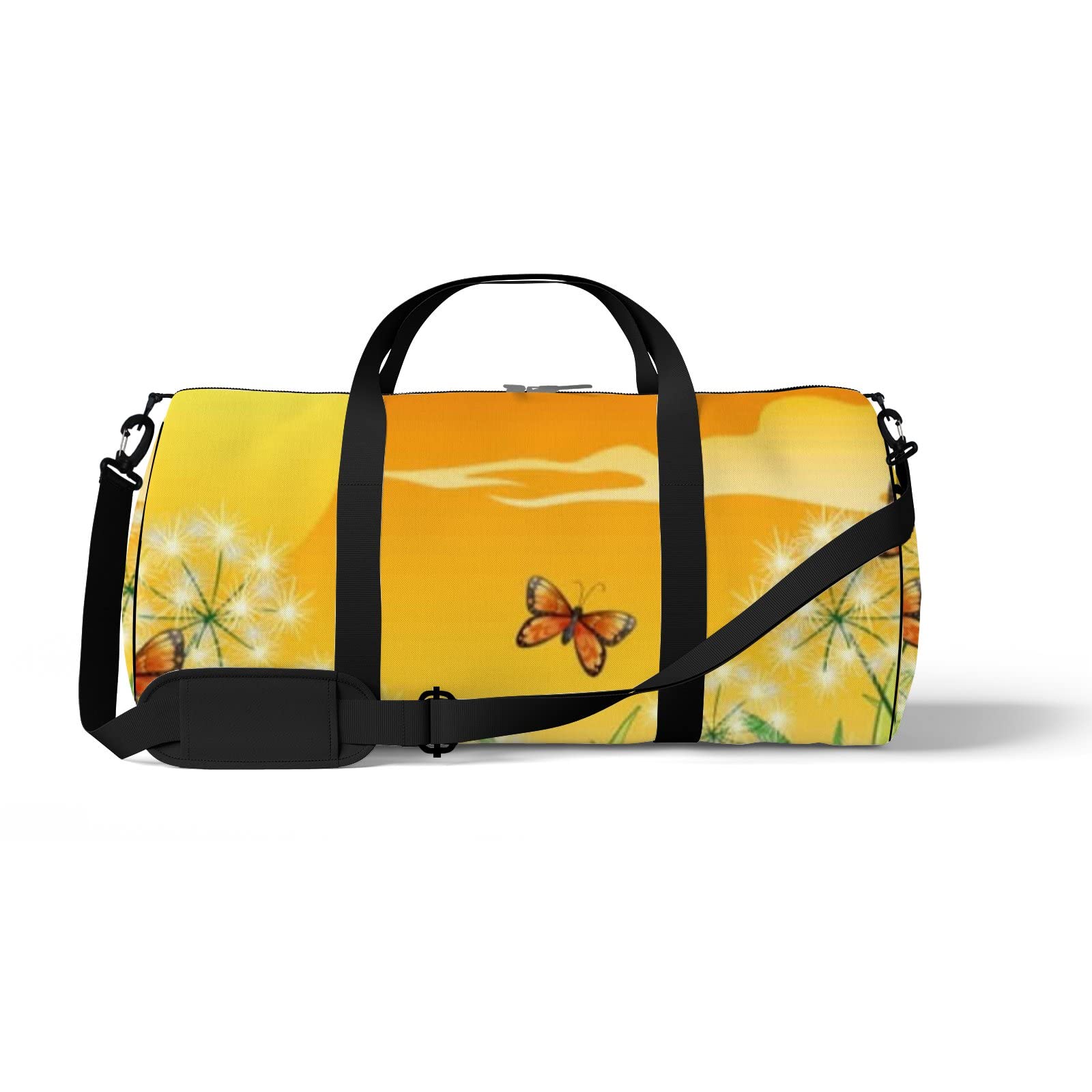 Orange Sunset Butterfly & Dandelion Waterproof Gym Tote Bag with Shoulder Strap & Zipper Pockets - Unisex Sports Bag for Travel, Workout & Storage | Perfect for Gym, Beach & Daily Commute