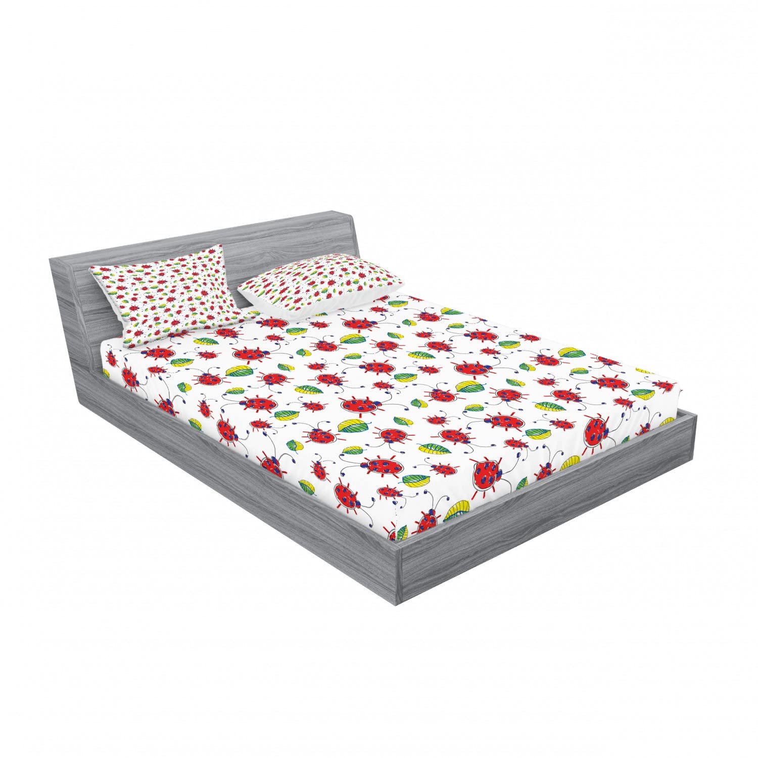 Ambesonne 2-Piece Ladybug Print Queen Size Fitted Sheet Set with 4 Pillow Shams - Cute Cartoon Doodle Bedding Collection for Girls Room Decor - Perfect for Kids Bedrooms, Dorm Rooms & Themed Sleepovers