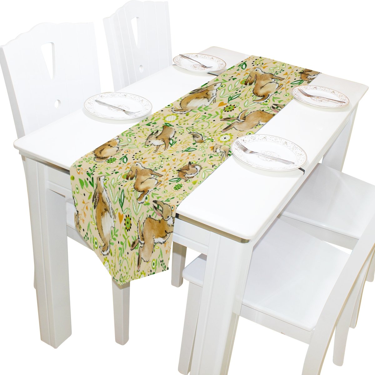 WOZO Happy Easter Bunny Rabbit Grass Leaf Table Runner - 13 x 70 Inches Rectangle Kitchen Dining Table Decor for Home, Coffee Shop & Party | Easter, Spring & Holiday Table Setting Decoration
