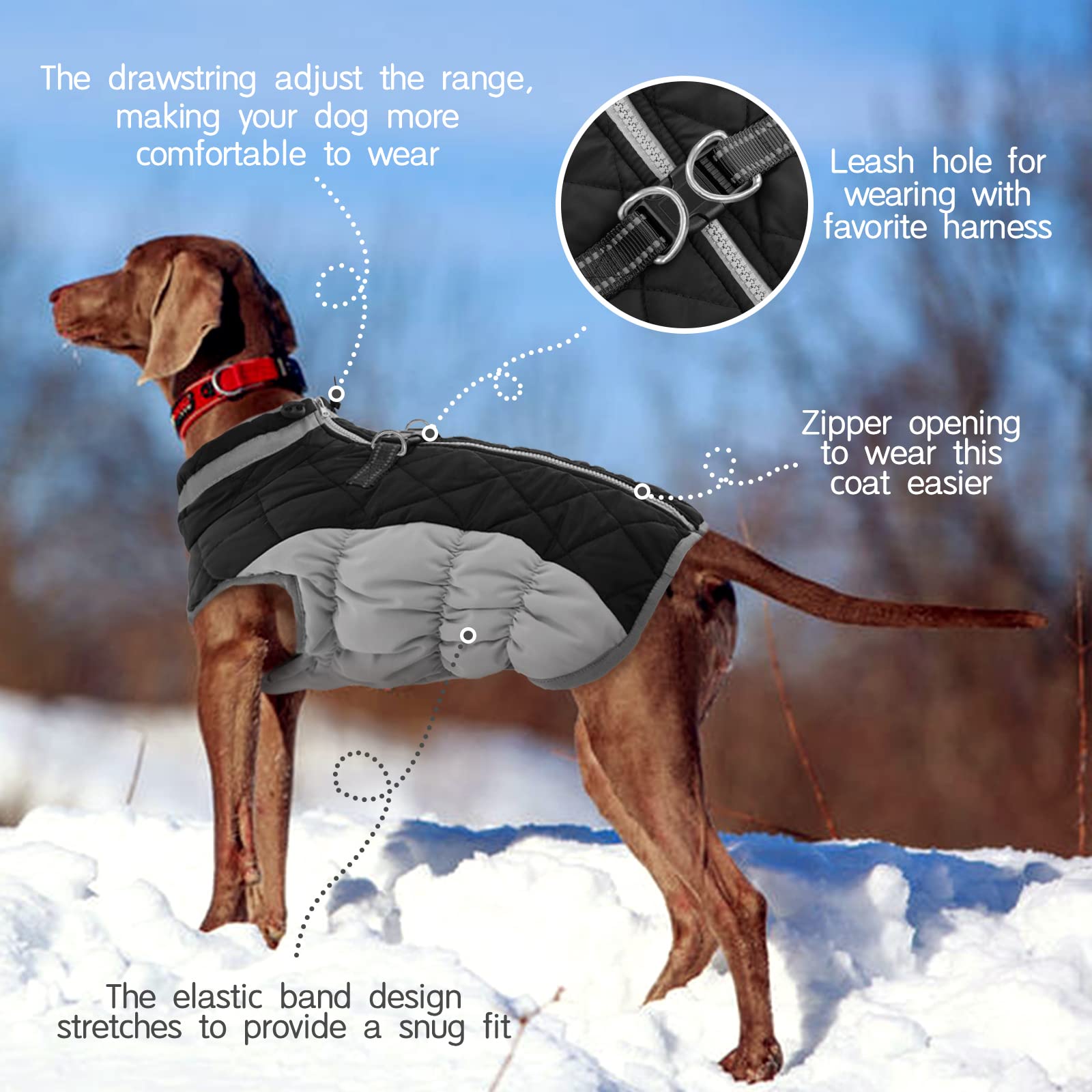 FUAMEY Waterproof Windproof Dog Winter Coat - Reflective Fleece Vest with Built-in Harness, Warm Padded Snow Jacket for Large Dogs (XXX-Large, Black) - Perfect for Cold Weather Walks, Hiking & Outdoor Adventures