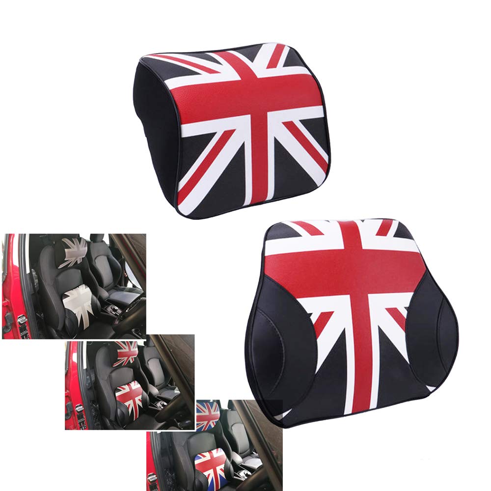 Heinmo Memory Foam Car Headrest & Lumbar Support Pillow - Ergonomic Comfort for Long Drives - Universal Fit for Most Cars (Black Union Jack Design) - Perfect for Road Trips, Commuting & Back Pain Relief