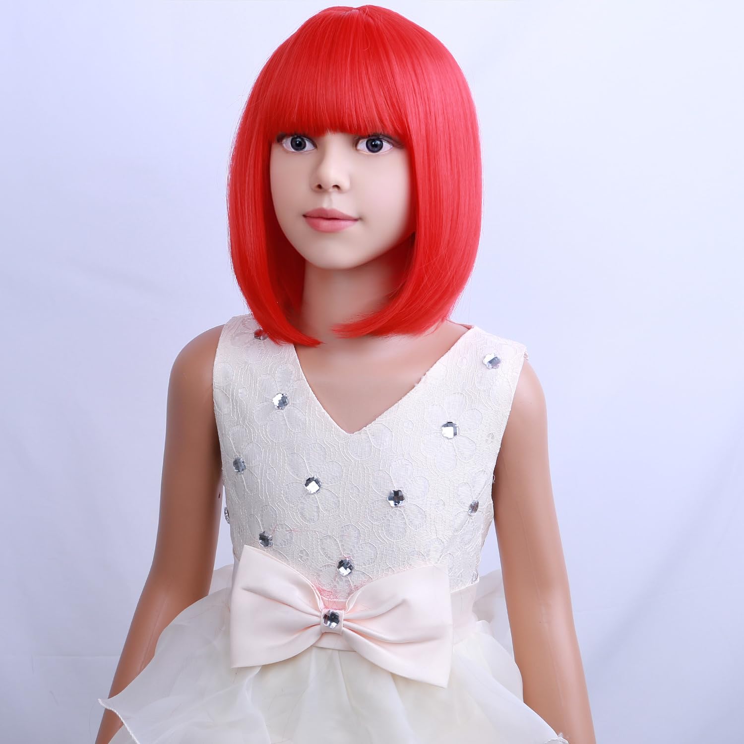 Kids Red Bob Wig for Girls - Short Synthetic Cosplay Wig for Halloween, Parties & Daily Wear - Soft & Comfortable Rose Net Wig (Red)