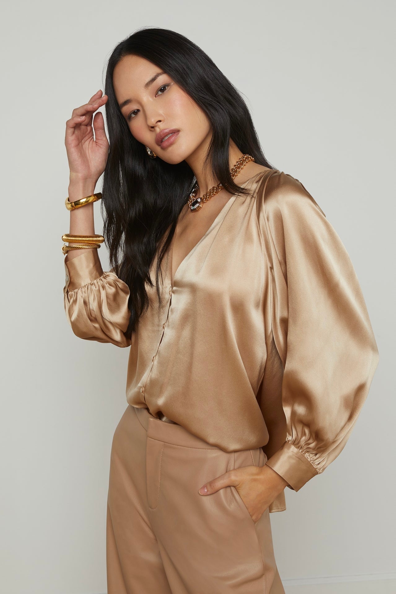 L'Agence Kaily Women's Silk Blouse - Elegant Long Sleeve Button Down Shirt for Work & Evening Outfits | Perfect for Office, Date Night & Special Occasions