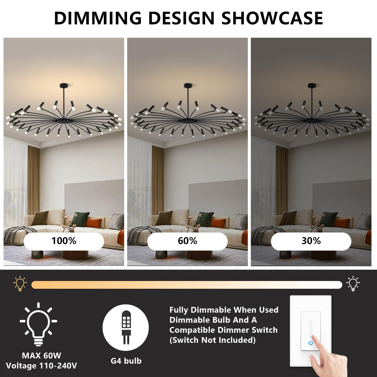 Extra Large Modern Chandelier for High Ceiling - Mid Century Sputnik Style Black Flush Mount Ceiling Light - Contemporary Lighting for Living Room, Dining Room, Foyer & Bedroom - Perfect for Modern Home Decor & Luxury Interior Design