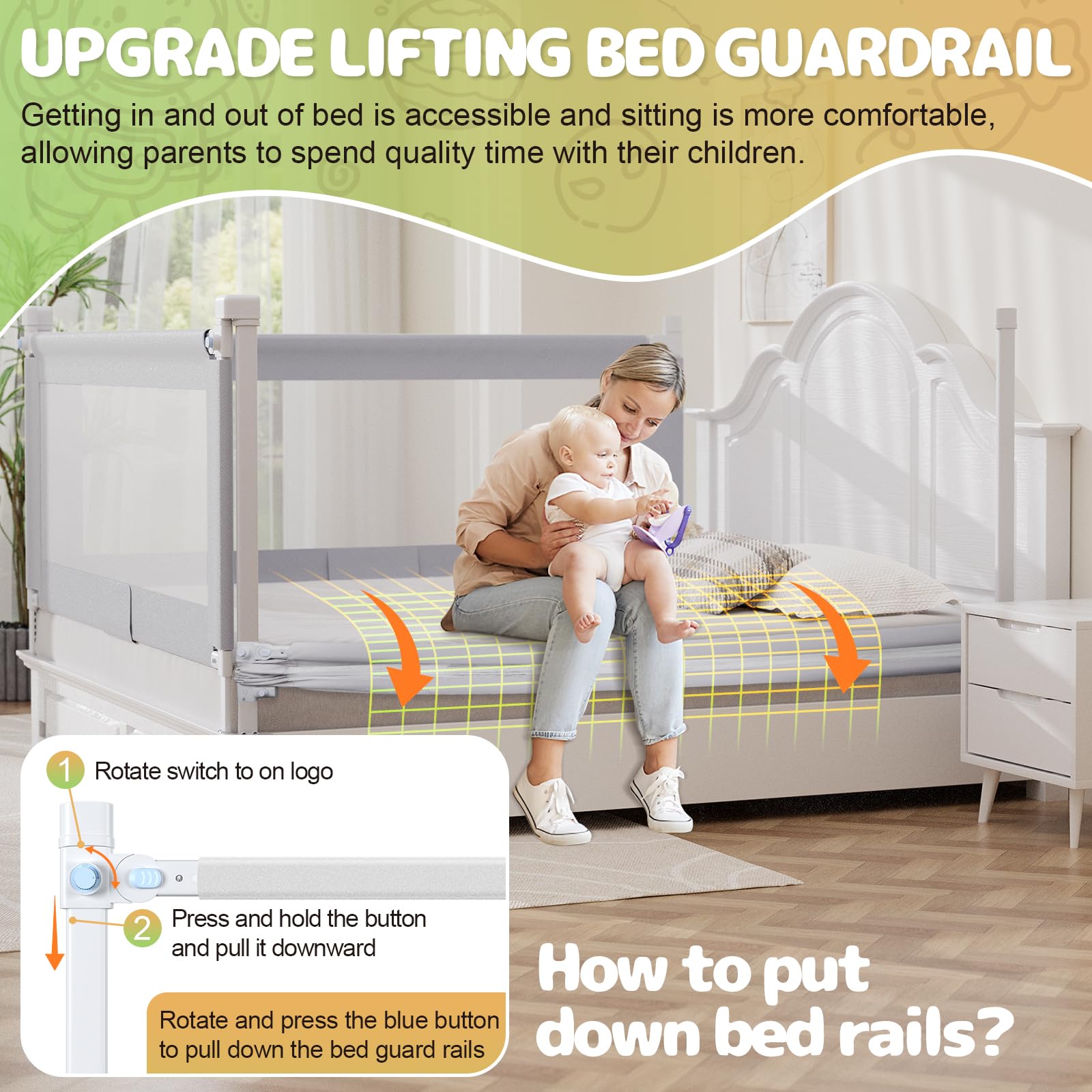 OMZER Foldable Baby Bed Rail Guard with Child Lock - Adjustable Height Toddler Safety Rail for Queen Size Beds (3-Pack, 78.7x78.7x59