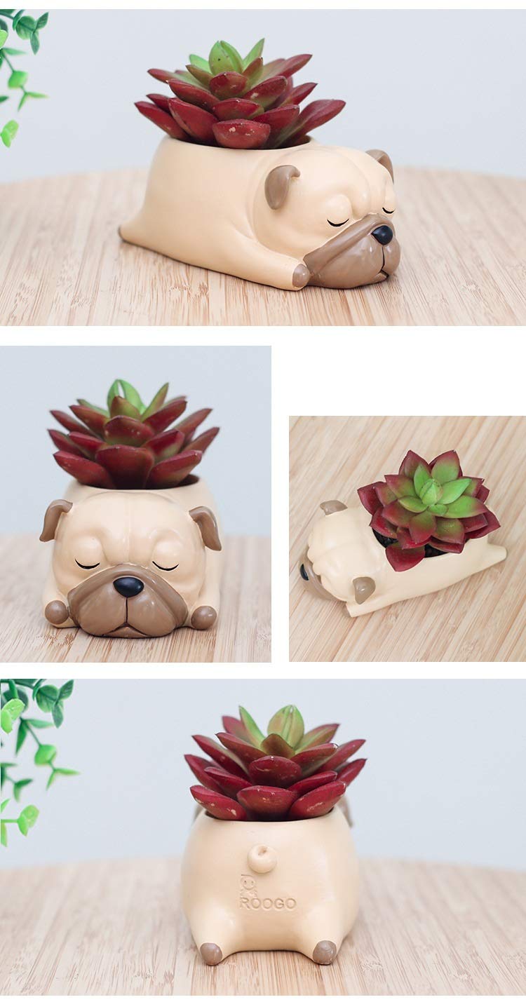 Sleeping Pug Succulent Planter - Cute Animal Flower Pot for Home & Office Desk Decor | Perfect for Succulents, Small Plants & Desk Decorations