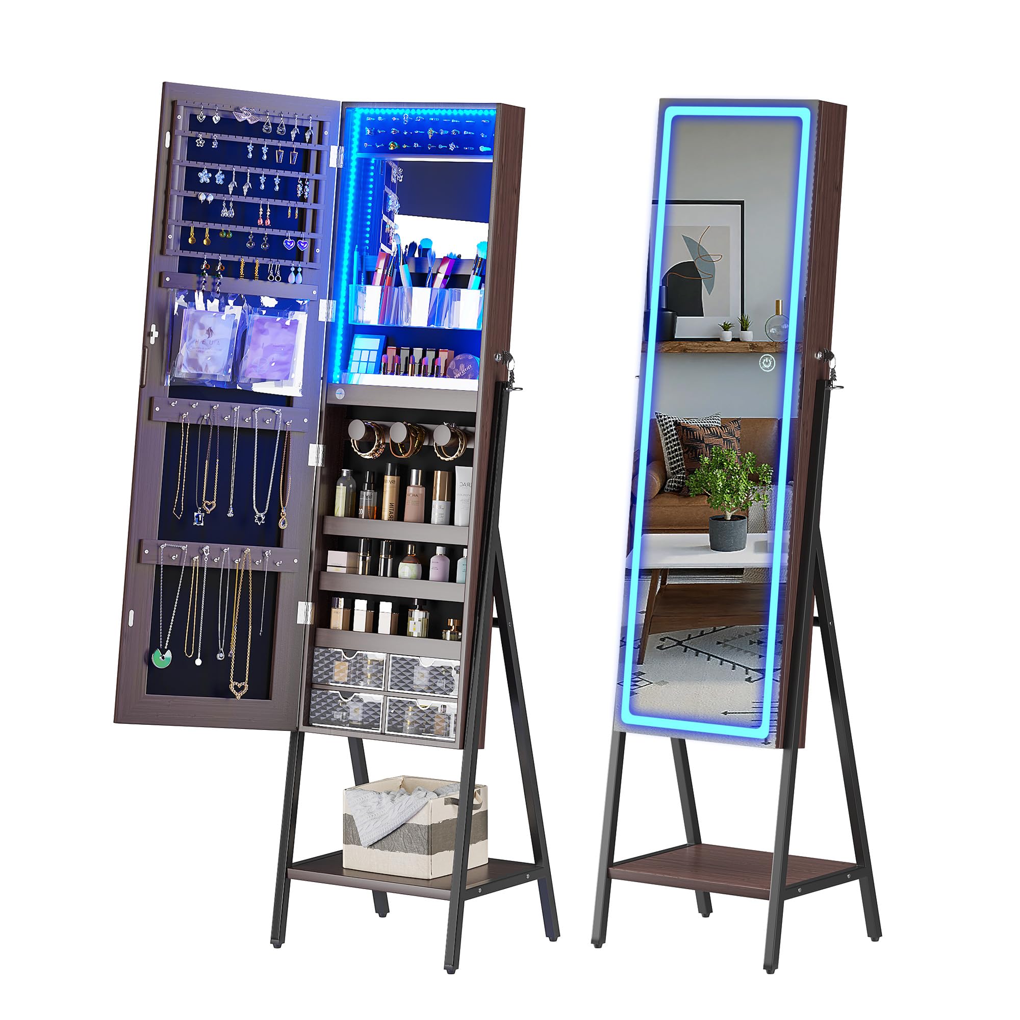 HNEBC LED Mirror Jewelry Cabinet with Lock - Full Length Standing Jewelry Armoire Organizer with Adjustable Lights & Storage | Perfect Christmas Gift for Women | Ideal for Bedroom, Dressing Room & Vanity (B-Brown)