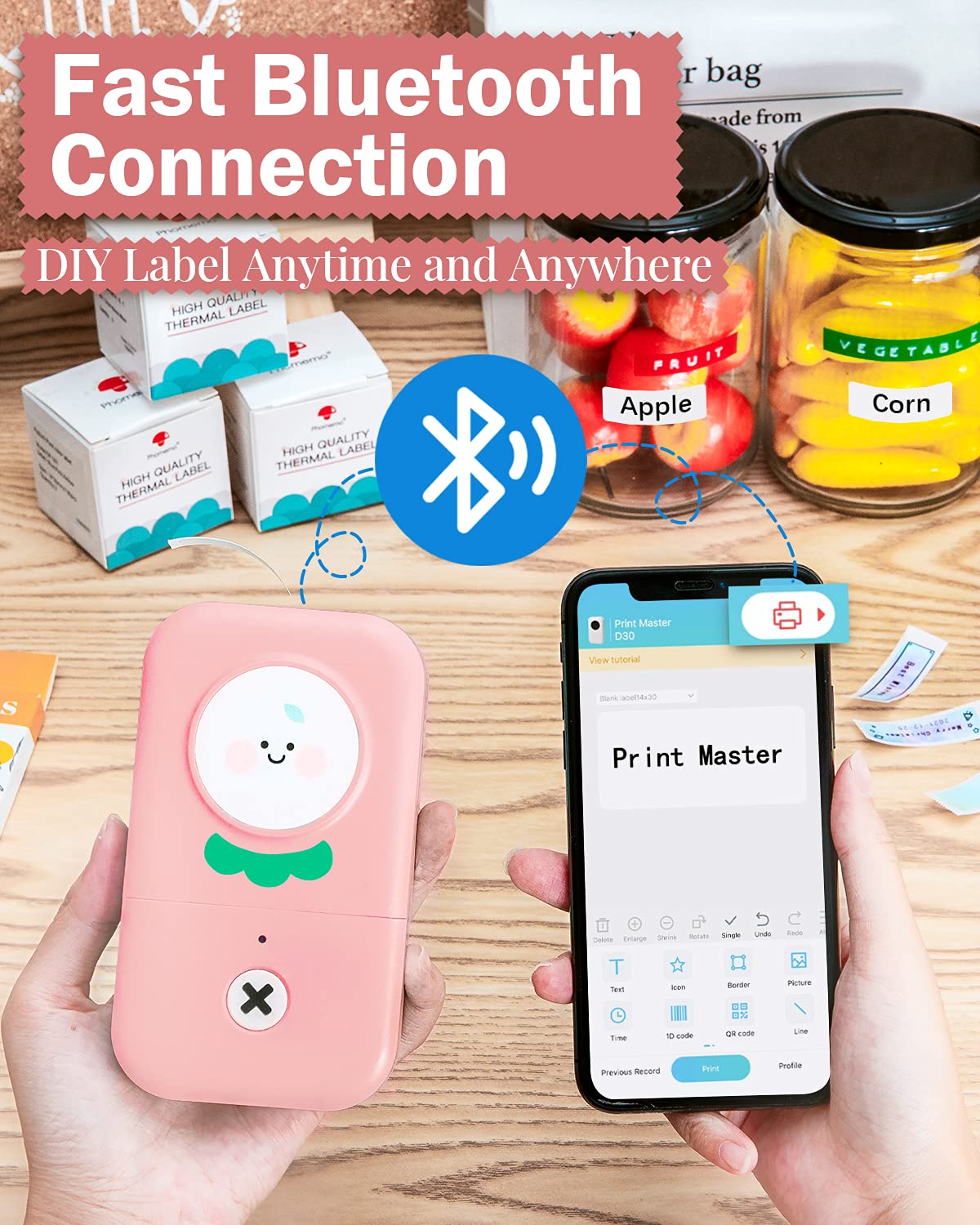 Memoking D30 Portable Label Maker - Mini Thermal Sticker Printer for iOS & Android | Home, Office & Kitchen Organization | Perfect for Pantry Labels, File Sorting & Craft Projects
