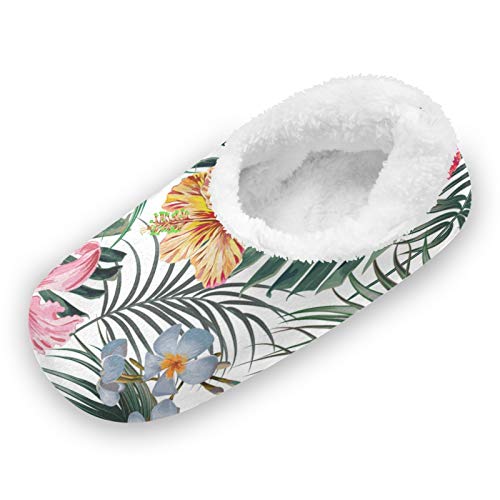 Women's Fuzzy Coral Fleece-Lined House Slippers with Tropical Pattern - Cozy Non-Slip Indoor/Outdoor Slides for Lounge, Spa & Home Comfort